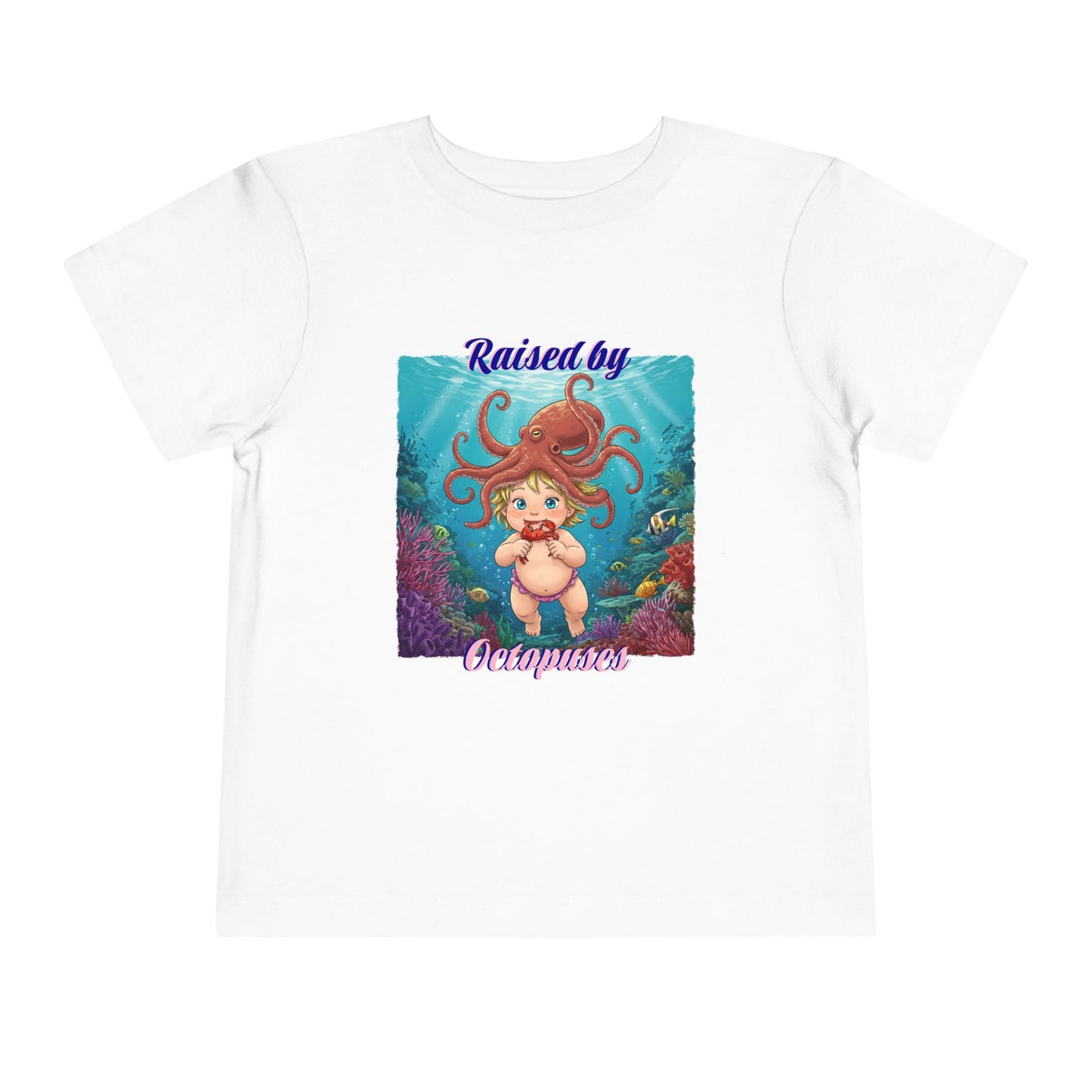 Toddler Short Sleeve Tee: Funny 'Raised by Octopuses', Kid's Fun Tee, Aquatic Graphics Shirt, Marine Life Gift, Nautical Outfit