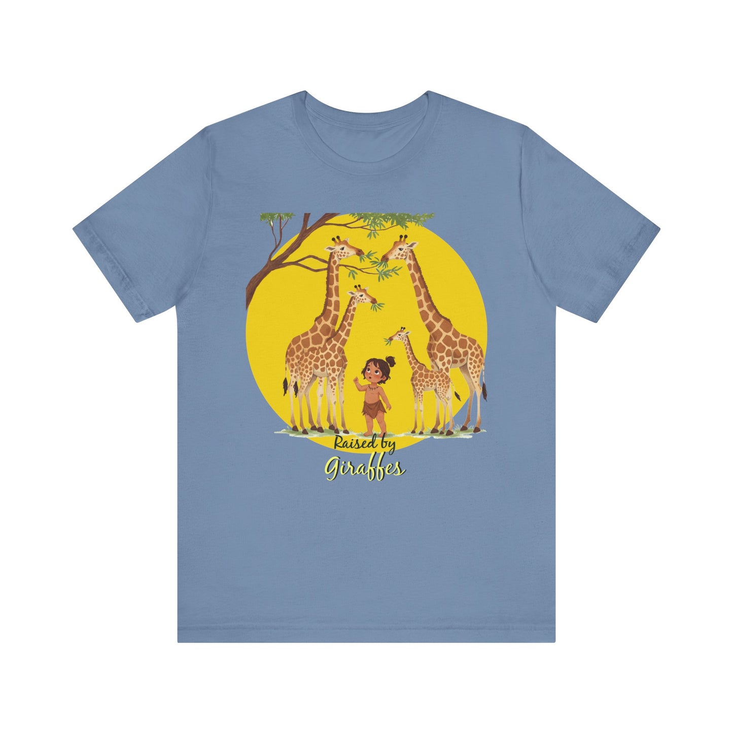 Raised by Giraffes Unisex T-Shirt - Funny Animal Lover Tee - Giraffe Lovers, Wildlife Enthusiasts (Female Character) - Schmartypants