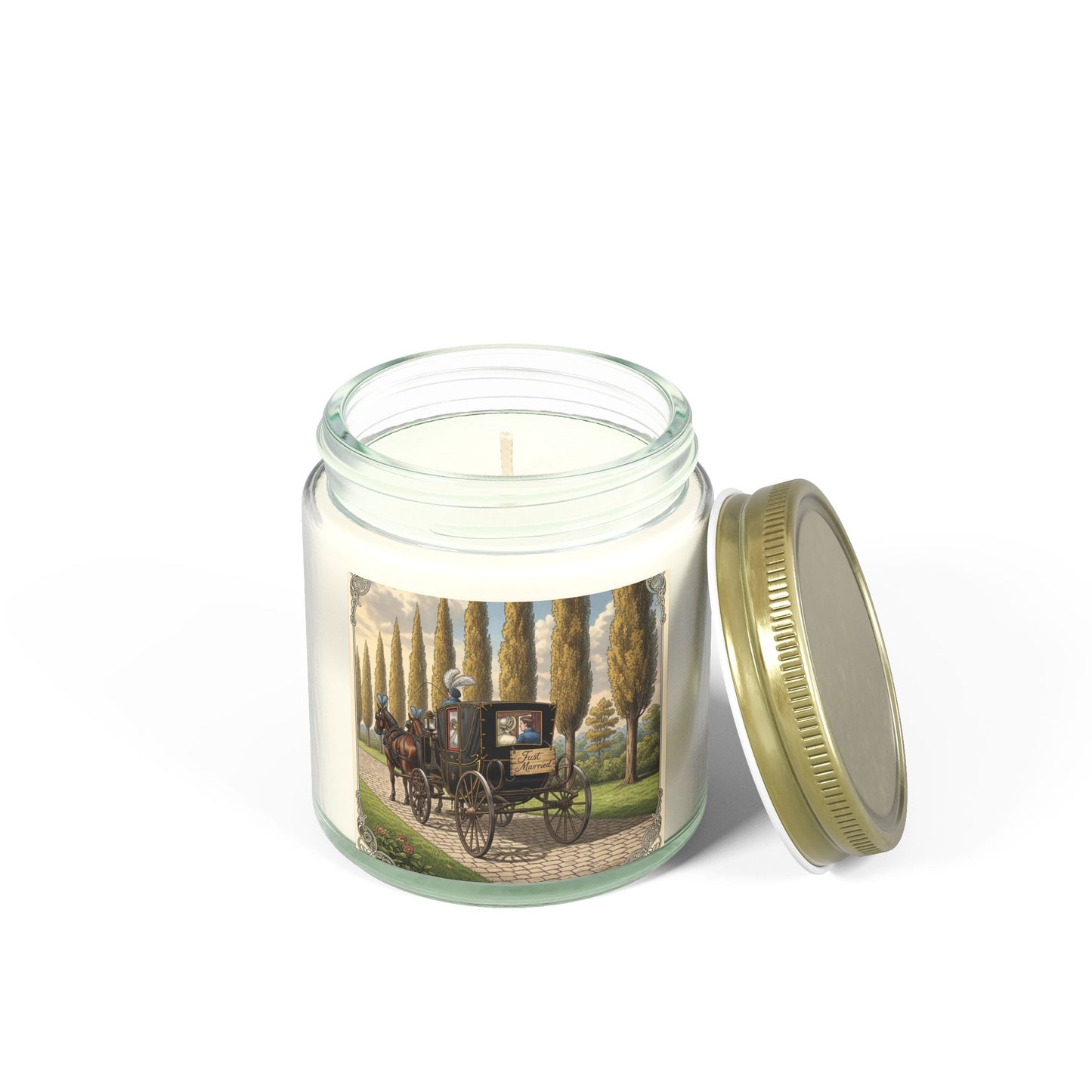 Scented Candles, Elegant 'Just Married' Carriage Ride Wedding Reception Gift, Coconut Apricot Wax Candle, Swag Item for Special Occasion