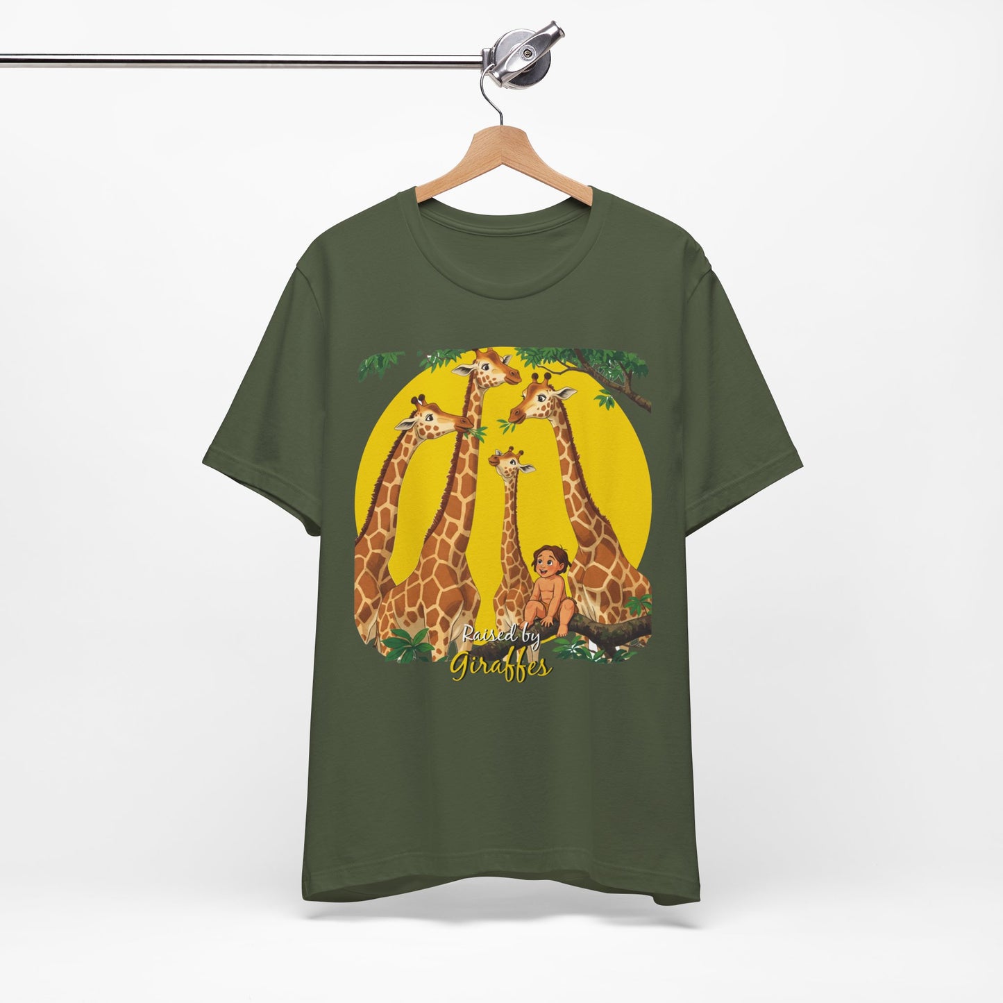 Hilarious Comical 'Raised By Giraffes' Unisex Short Sleeve Tee - Perfect for Animal Lovers (male character version) - Schmartypants