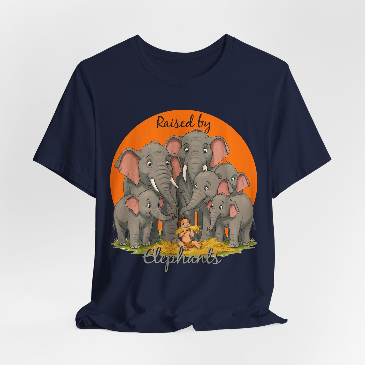 Elephant Lovers Tee - Funny 'Raised by Elephants' Unisex Jersey Short Sleeve Shirt - Wildlife and Nature Lovers Shirt (Male Character Version) - Schmartypants