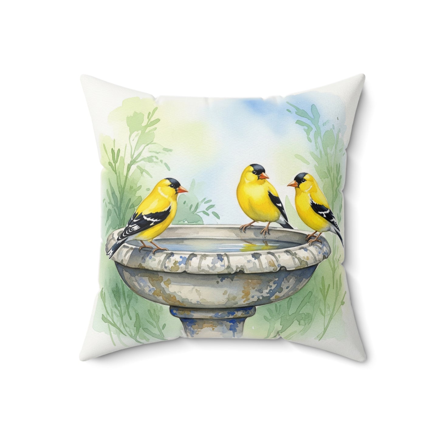 Cheerful Bird Bath Pillow, Decorative Cushion for Bird Lovers, Home Décor, Gift for Nature Enthusiasts, Goldfinches, Cozy Living Room