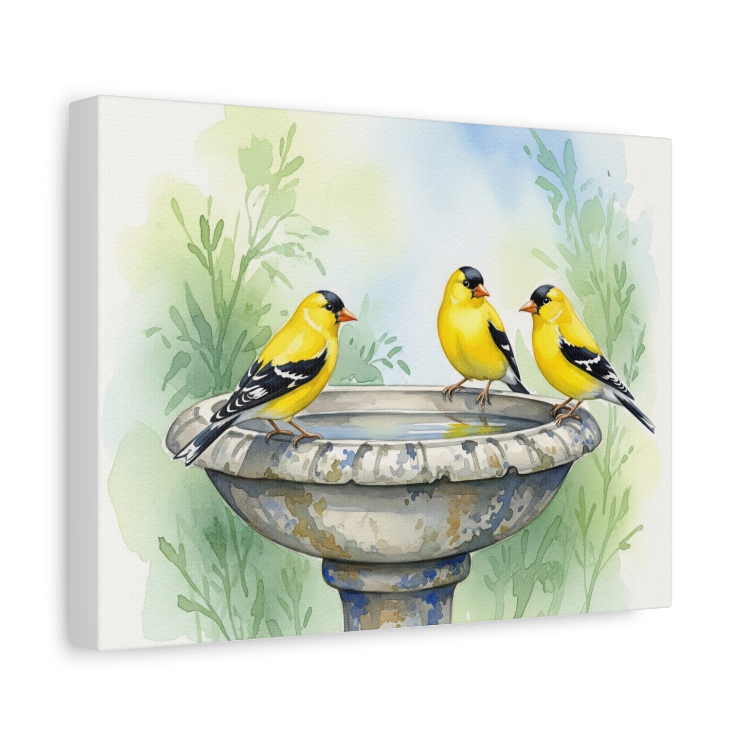 Goldfinches on Fountain Canvas Art, Nature Wall Decor, Yellow Finch Print, Home Decor, Gift for Bird Lovers, Spring Decoration