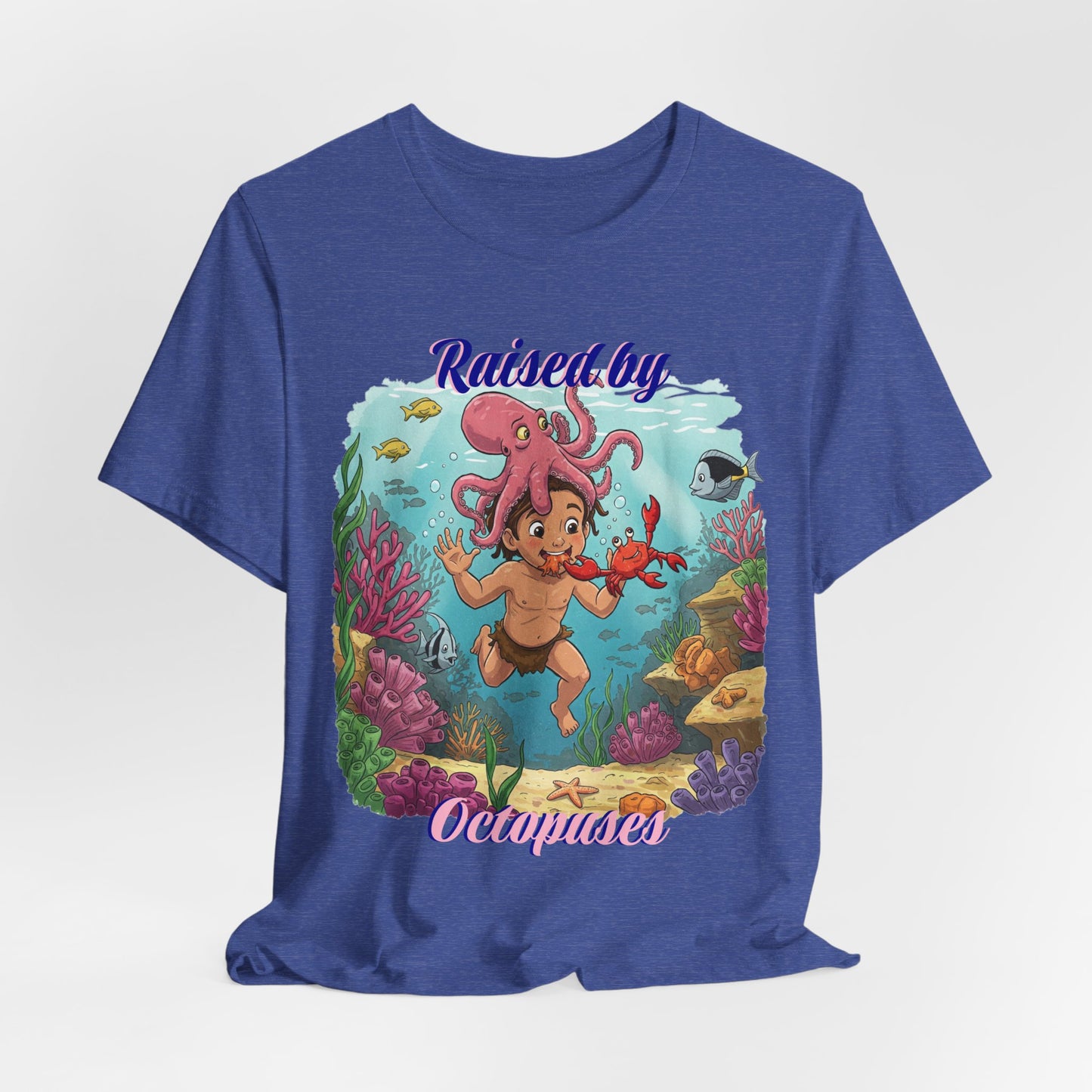 Ocean-Inspired Unisex Tee - Funny "Raised by Octopus", Fun Gift for Marine Lovers, Summer Beachwear, Cute Animal T-Shirt