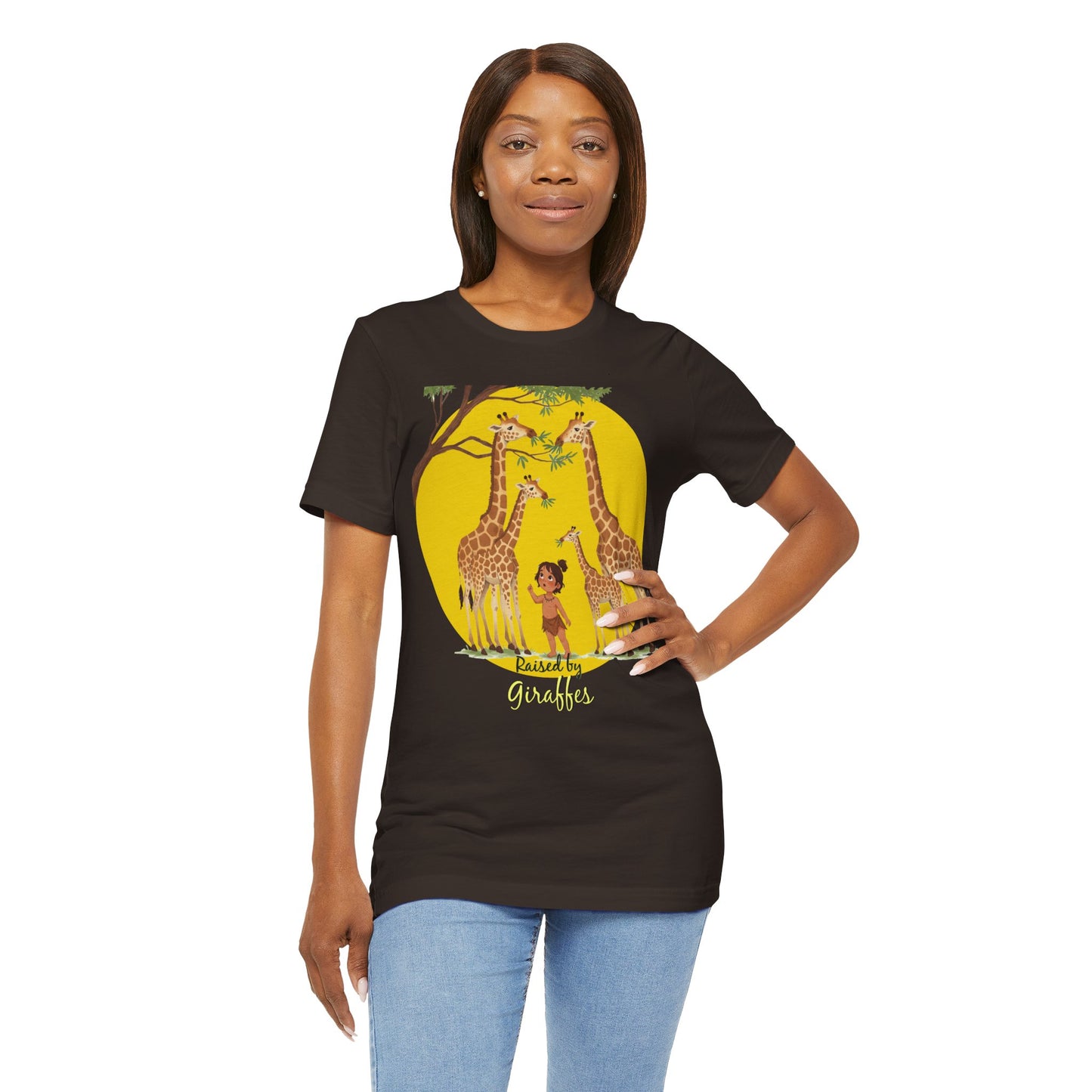 Raised by Giraffes Unisex T-Shirt - Funny Animal Lover Tee - Giraffe Lovers, Wildlife Enthusiasts (Female Character) - Schmartypants