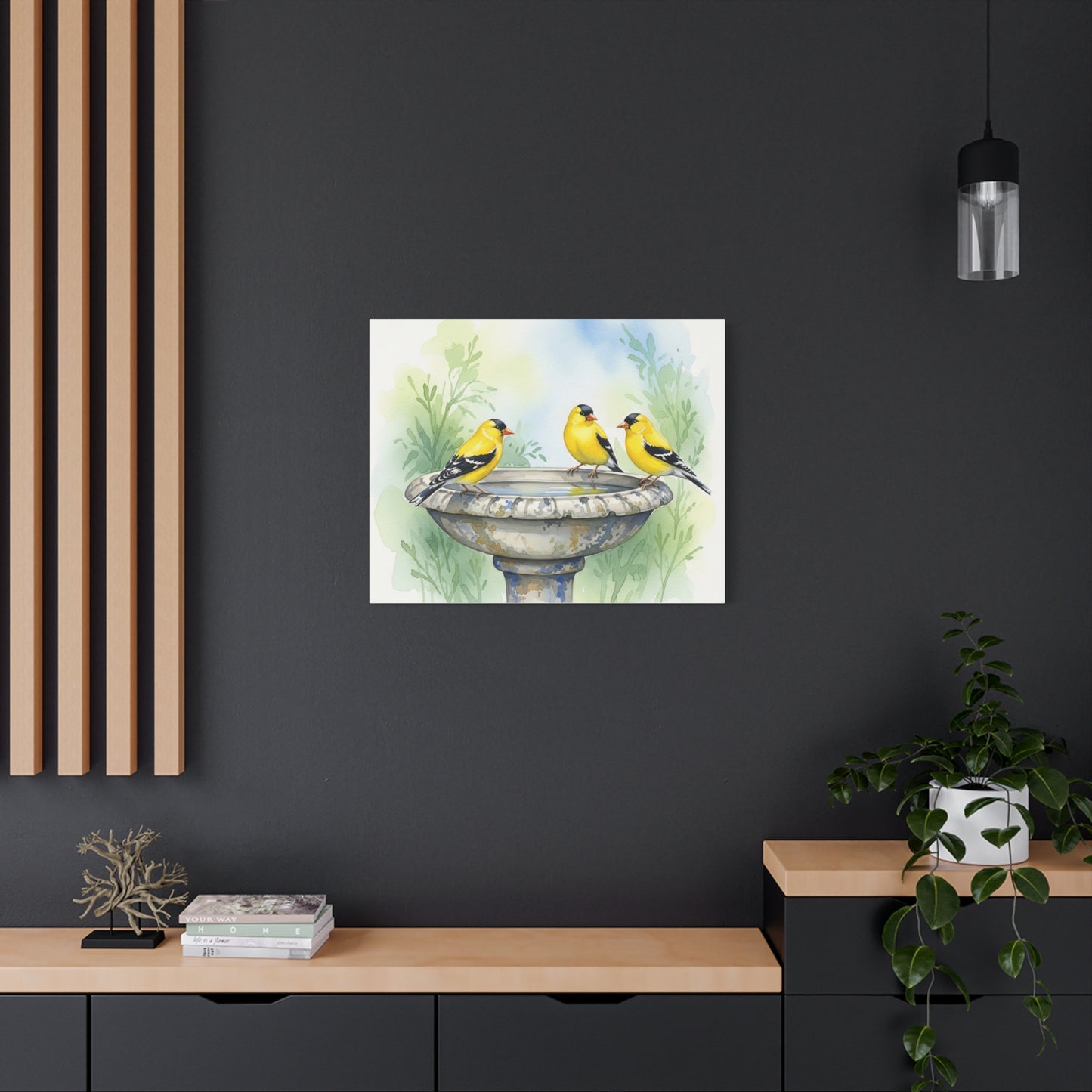 Goldfinches on Fountain Canvas Art, Nature Wall Decor, Yellow Finch Print, Home Decor, Gift for Bird Lovers, Spring Decoration