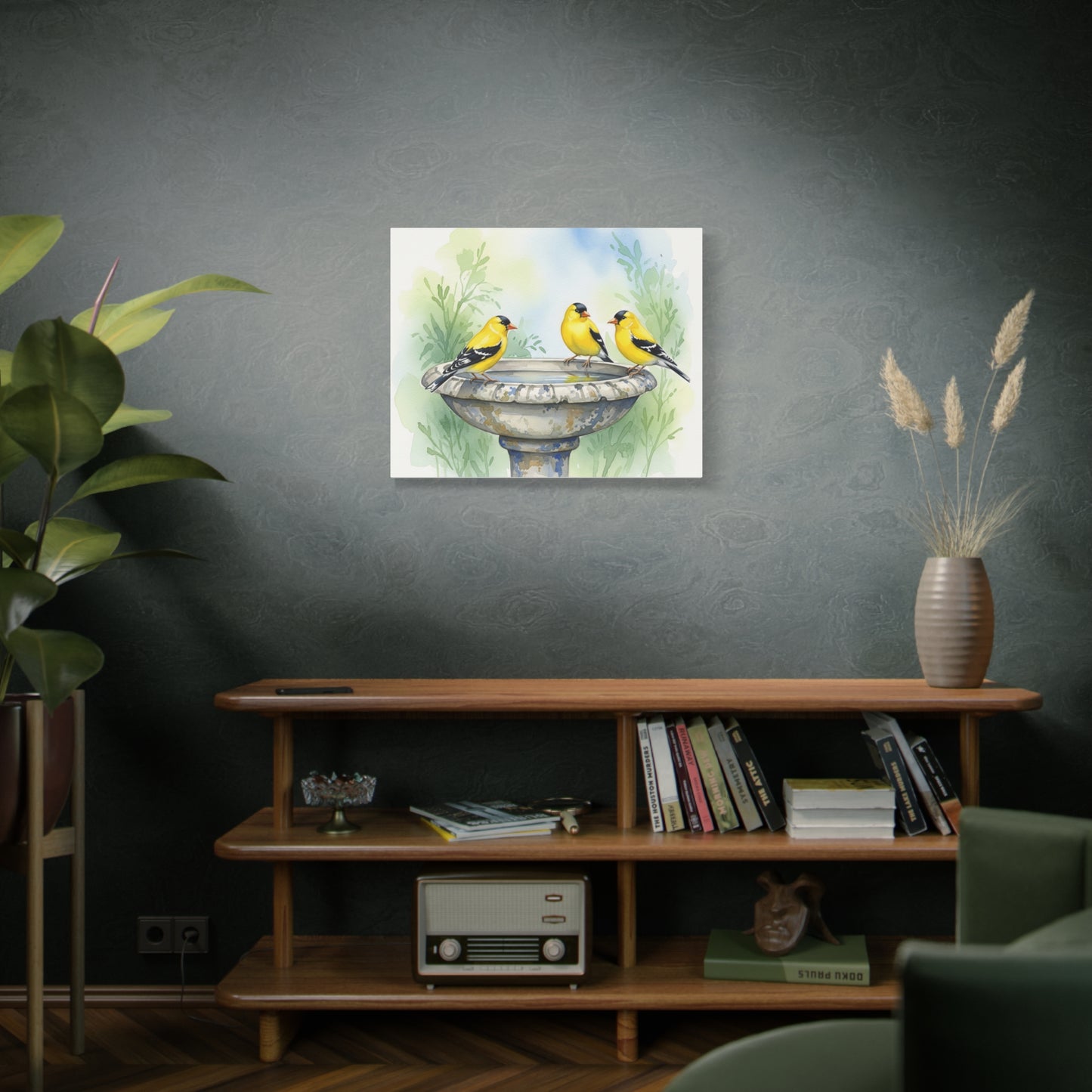 Goldfinches on Fountain Canvas Art, Nature Wall Decor, Yellow Finch Print, Home Decor, Gift for Bird Lovers, Spring Decoration