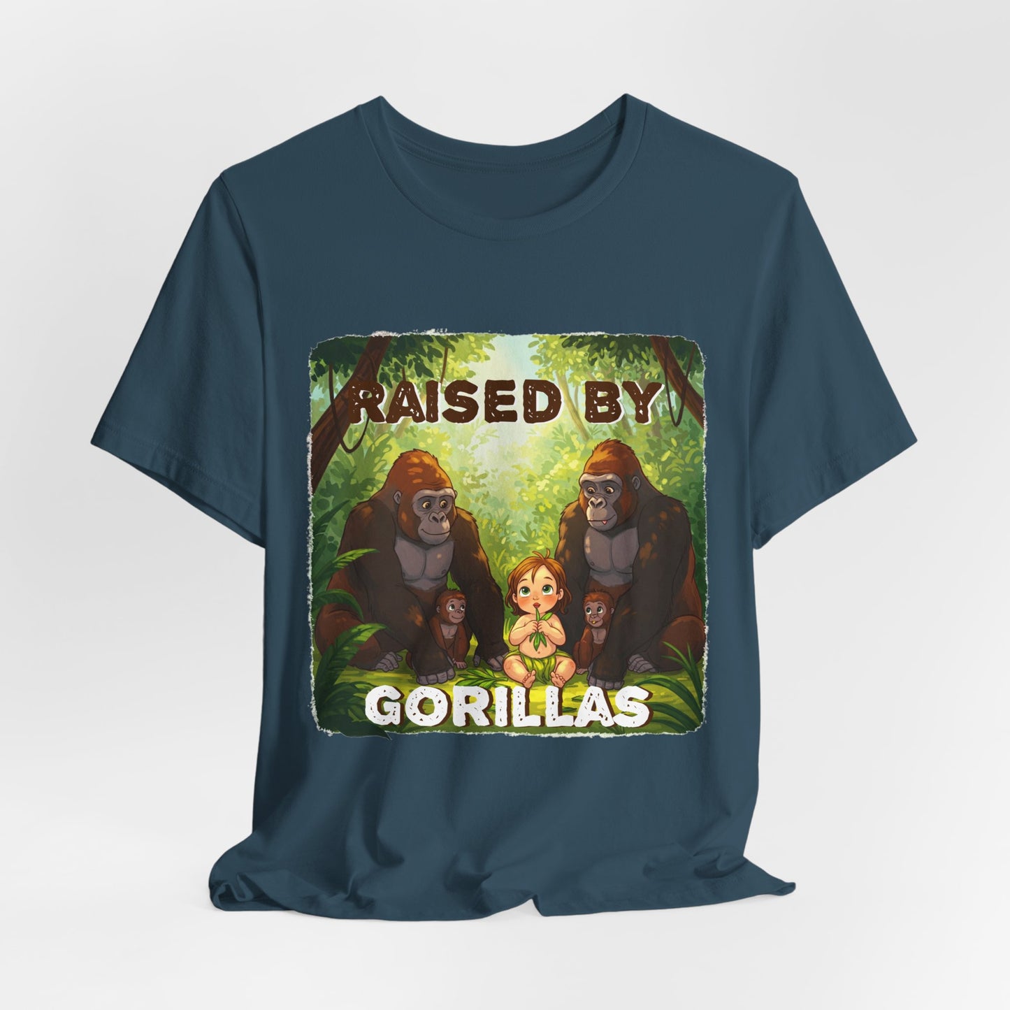 Funny Gorilla Graphic Tee - 'Raised by Gorillas' Unisex Jersey Shirt (Female character version) - Schmartypants