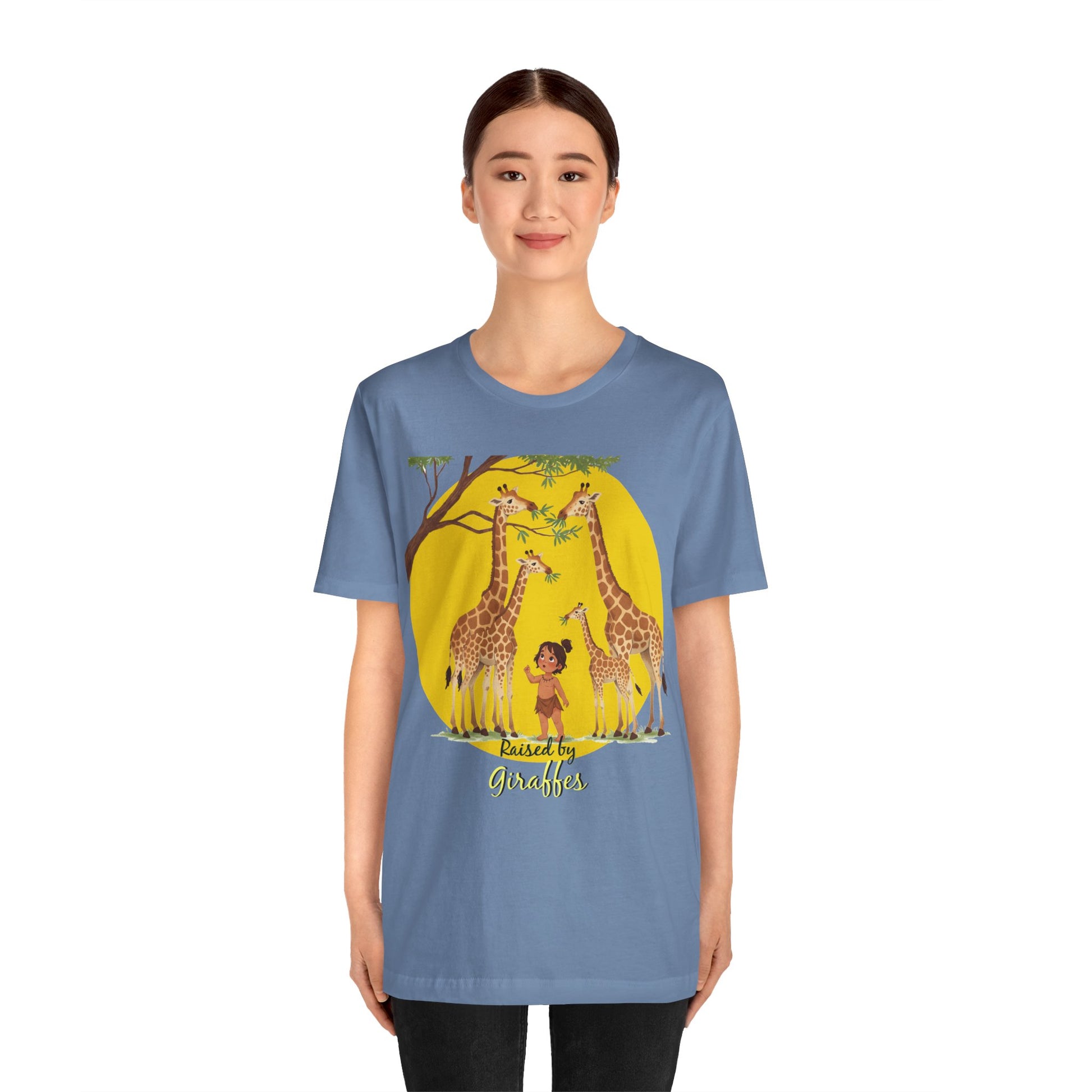 Raised by Giraffes Unisex T-Shirt - Funny Animal Lover Tee - Giraffe Lovers, Wildlife Enthusiasts (Female Character) - Schmartypants