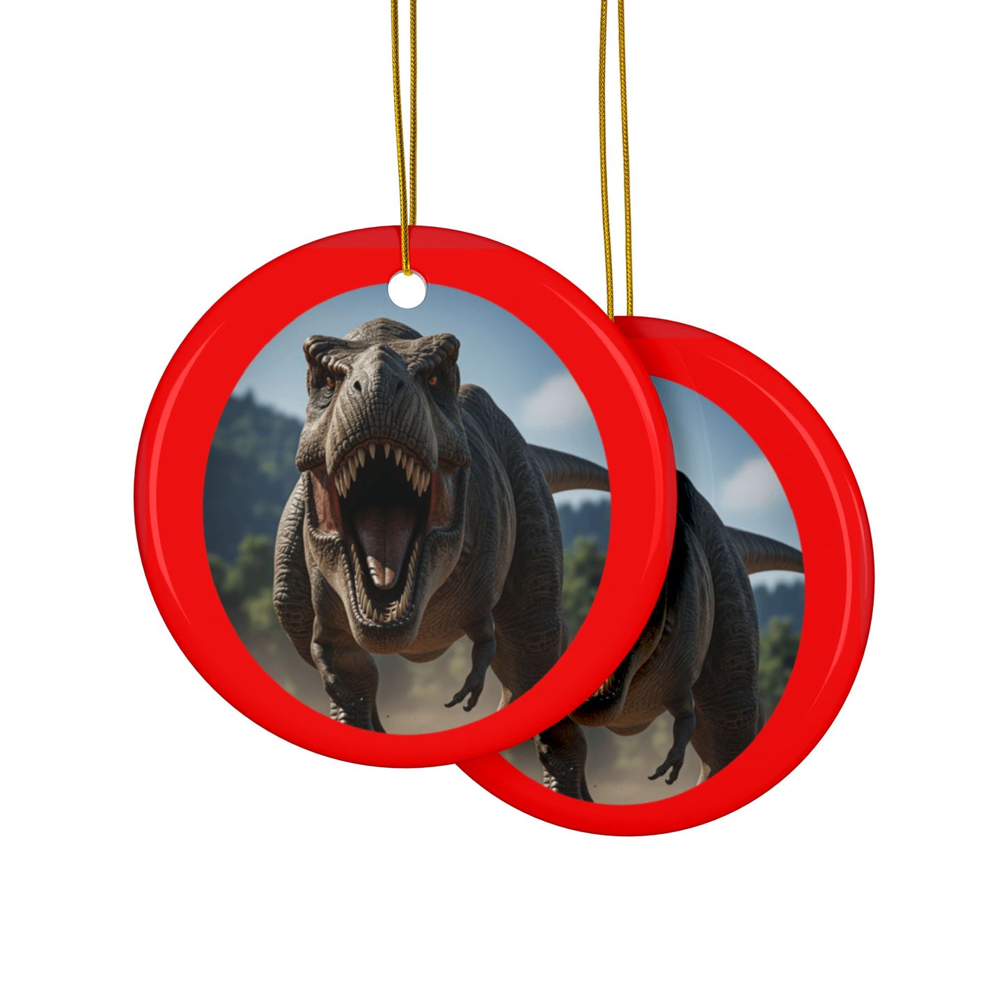 Roaring T-Rex Jurassic Era Dinosaur Ceramic Christmas Tree Ornaments, 2-Sided Keepsakes, Collectibles, Party Favors
