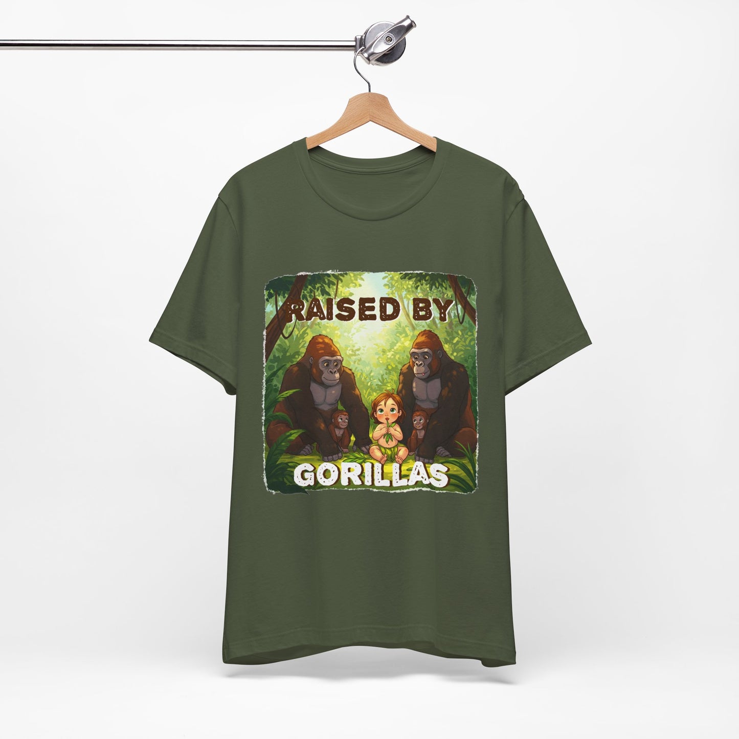Funny Gorilla Graphic Tee - 'Raised by Gorillas' Unisex Jersey Shirt (Female character version) - Schmartypants