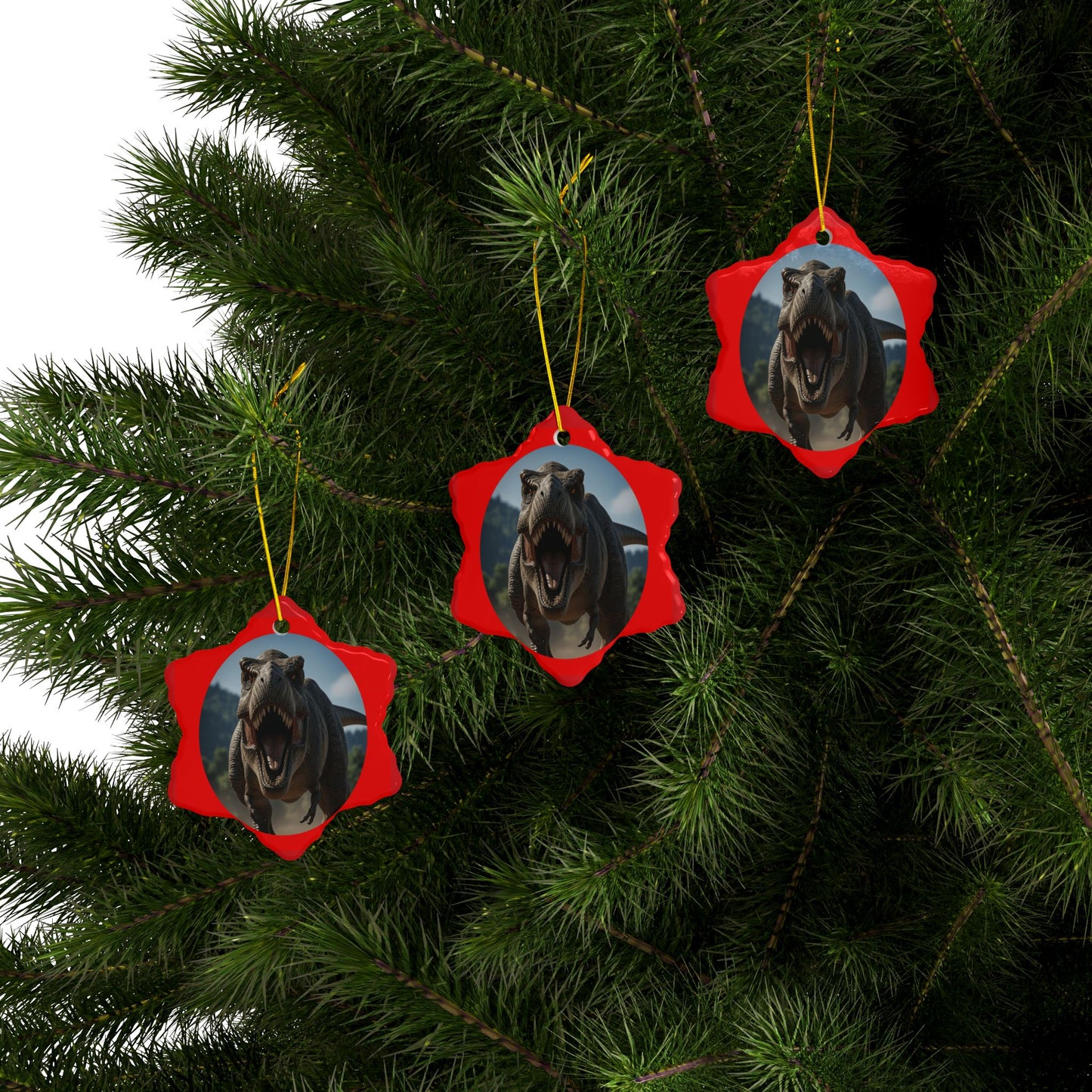 Roaring T-Rex Jurassic Era Dinosaur Ceramic Christmas Tree Ornaments, 2-Sided Keepsakes, Collectibles, Party Favors