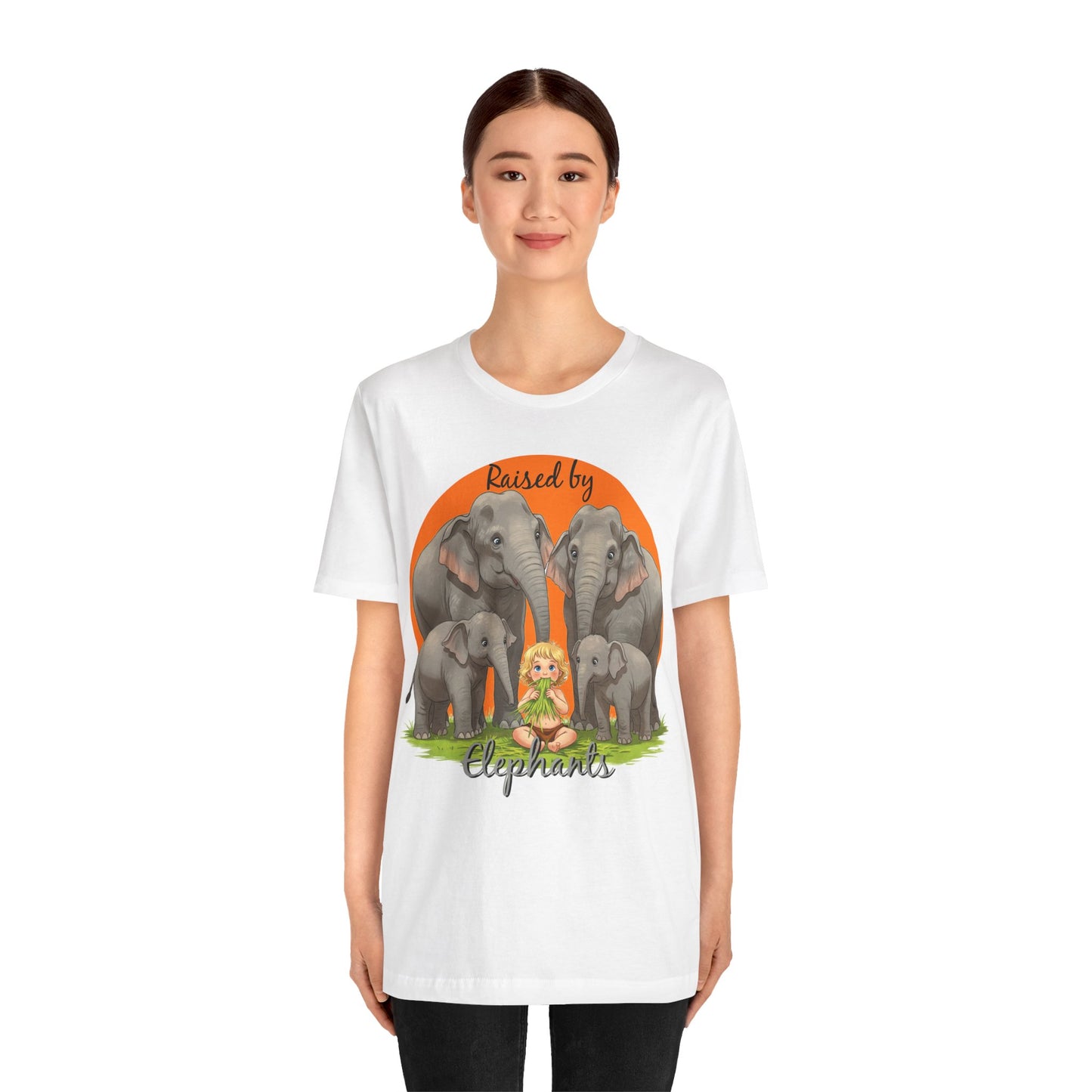 Funny Raised by Elephants Unisex Short Sleeve Tee - Perfect for Animal Lovers, Wildlife Fans (Women's Character version) - Schmartypants