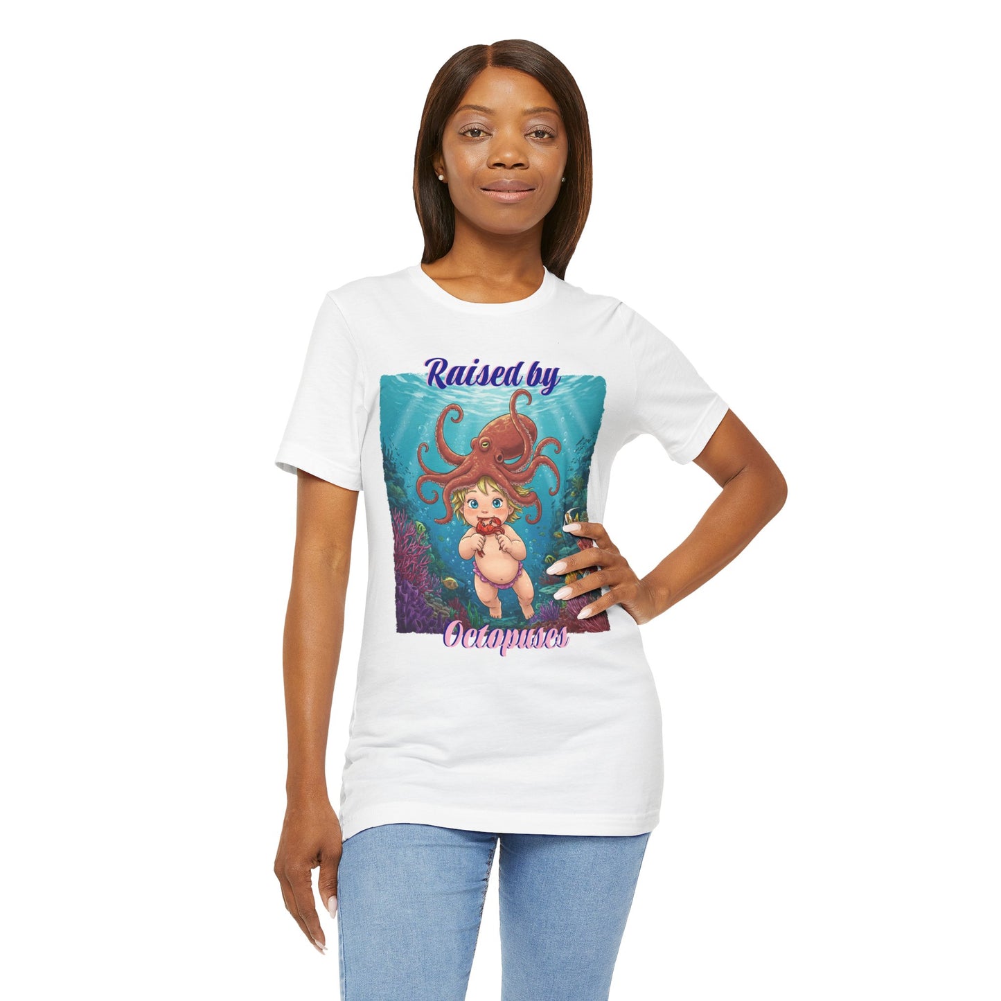'Raised by Octopuses' Funny Octopus Themed Unisex Tee, Perfect for Ocean Lovers, Birthday Gift, Casual Wear, Summer Outing, Nautical Themed Apparel