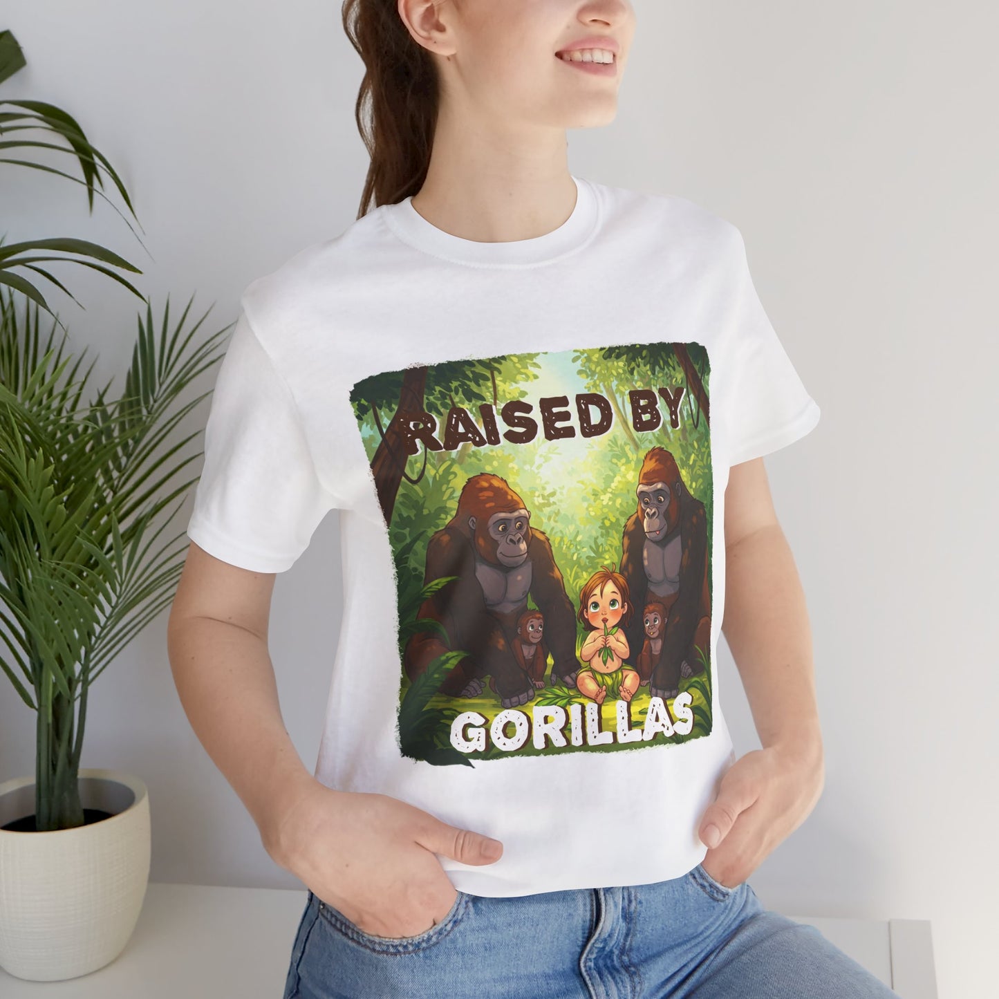 Funny Gorilla Graphic Tee - 'Raised by Gorillas' Unisex Jersey Shirt (Female character version) - Schmartypants