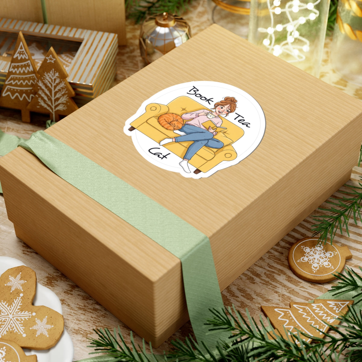 Cozy Cat Lover Sticker - "Book Tea Cat" Design - Whimsical Gift for Cat Lovers, Book Lovers, Tea Drinkers - Schmartypants