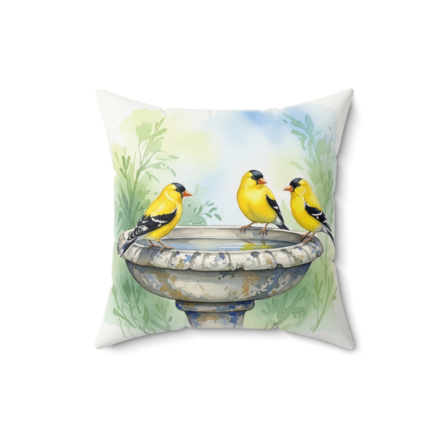 Cheerful Bird Bath Pillow, Decorative Cushion for Bird Lovers, Home Décor, Gift for Nature Enthusiasts, Goldfinches, Cozy Living Room