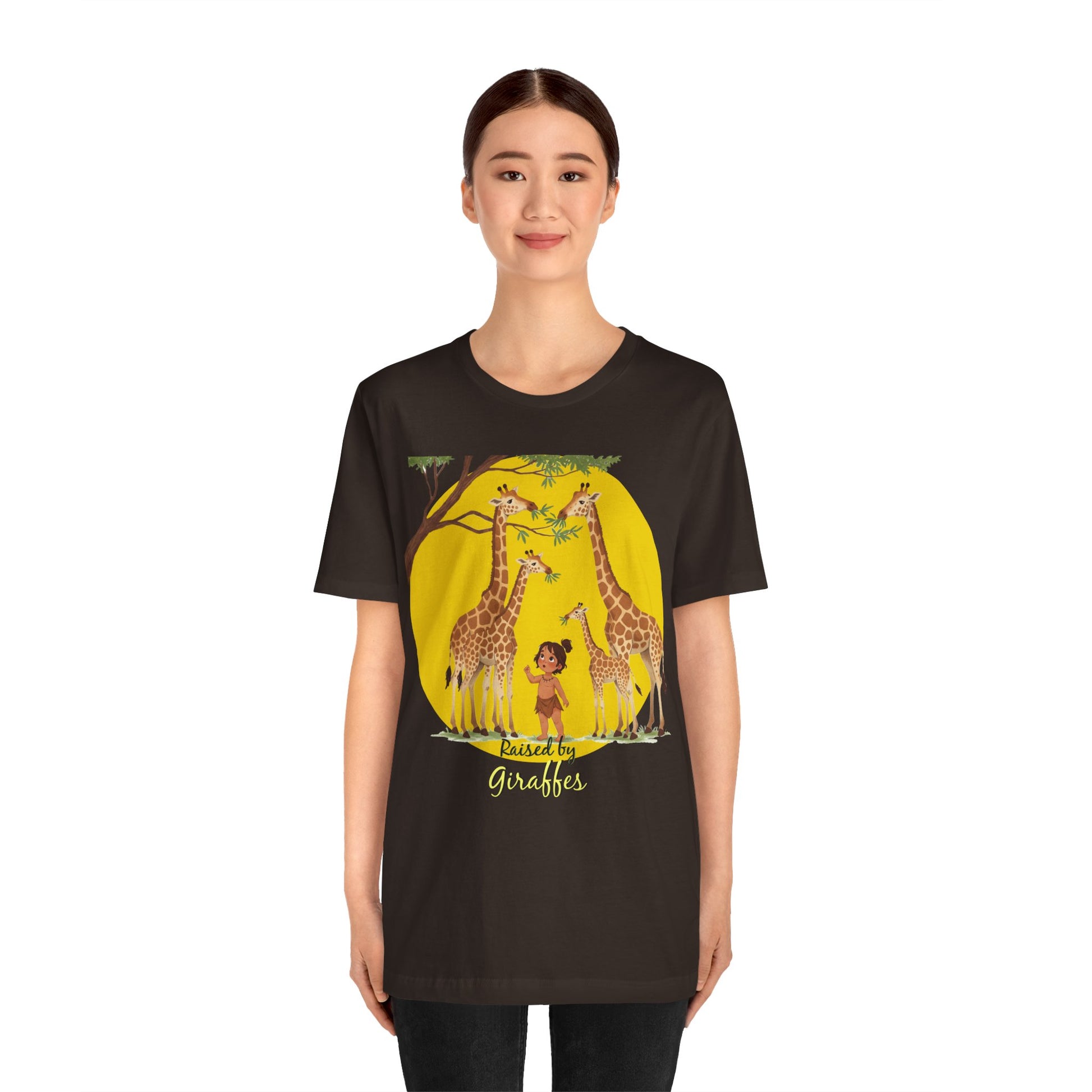 Raised by Giraffes Unisex T-Shirt - Funny Animal Lover Tee - Giraffe Lovers, Wildlife Enthusiasts (Female Character) - Schmartypants