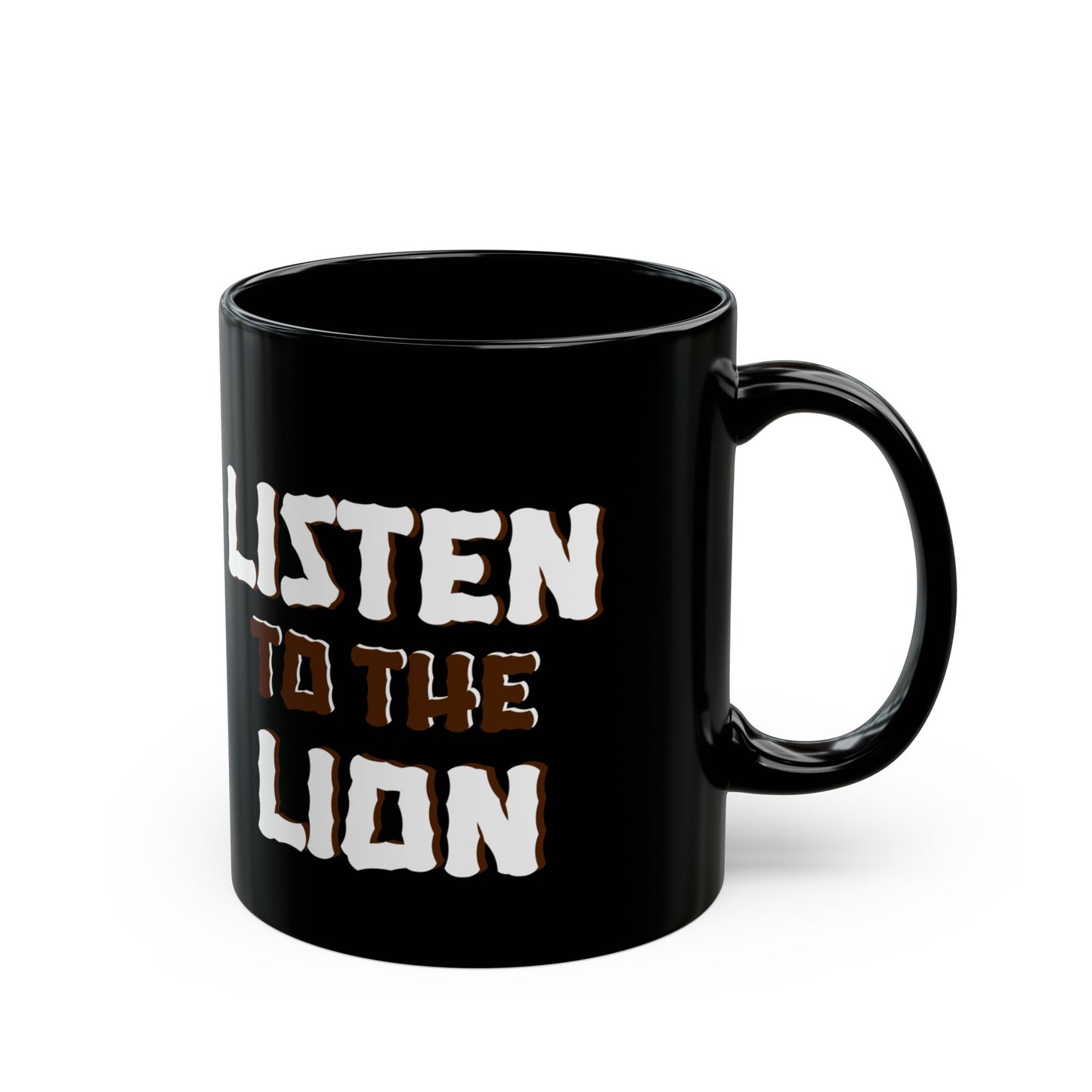 Listen to the Lion Black Mug - Inspirational Coffee Tea Cup for Animal Lovers, Van Morrison Fans - Schmartypants