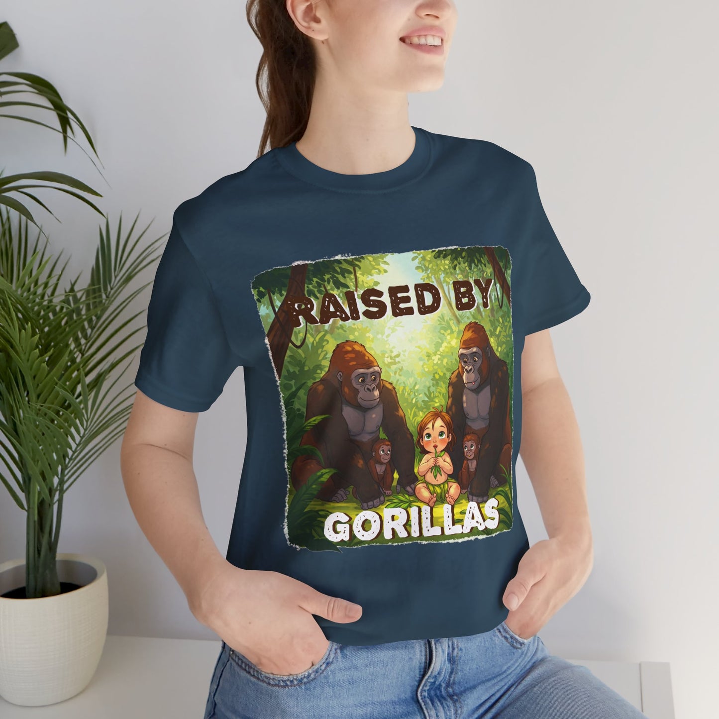 Funny Gorilla Graphic Tee - 'Raised by Gorillas' Unisex Jersey Shirt (Female character version) - Schmartypants