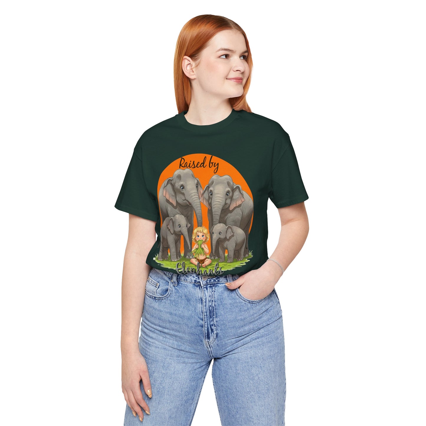 Funny Raised by Elephants Unisex Short Sleeve Tee - Perfect for Animal Lovers, Wildlife Fans (Women's Character version) - Schmartypants