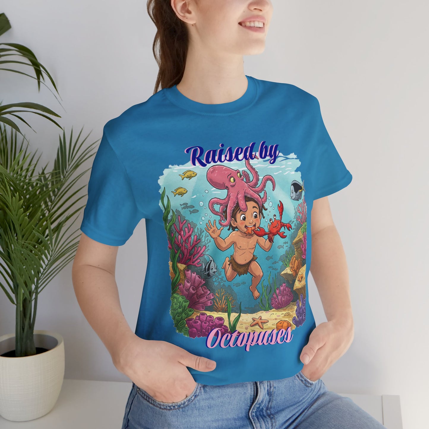 Ocean-Inspired Unisex Tee - Funny "Raised by Octopus", Fun Gift for Marine Lovers, Summer Beachwear, Cute Animal T-Shirt