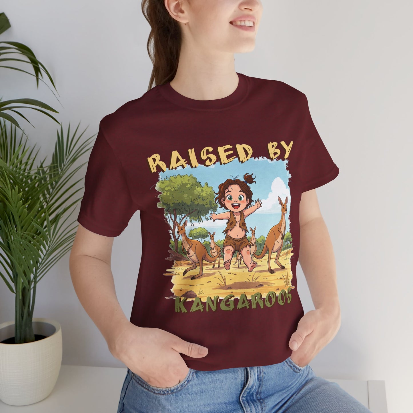 Cute, Funny Kangaroo Vibe Unisex Tee - "Raised by Kangaroos" (female character) - Australian Theme - Schmartypants
