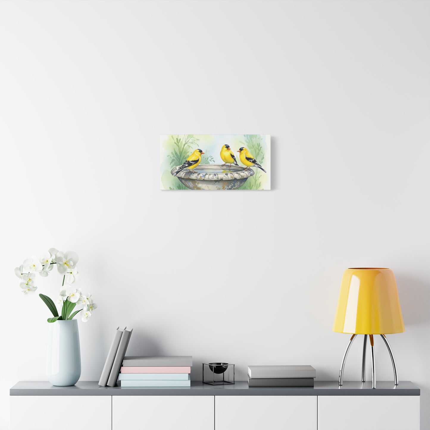 Goldfinches on Fountain Canvas Art, Nature Wall Decor, Yellow Finch Print, Home Decor, Gift for Bird Lovers, Spring Decoration