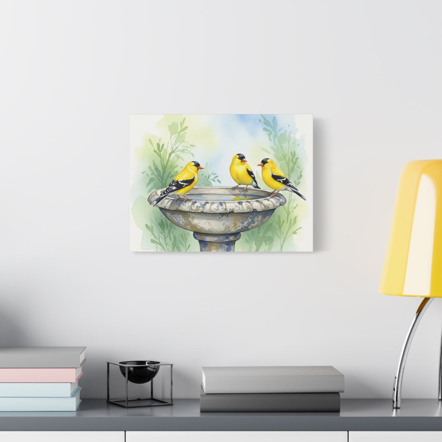 Goldfinches on Fountain Canvas Art, Nature Wall Decor, Yellow Finch Print, Home Decor, Gift for Bird Lovers, Spring Decoration