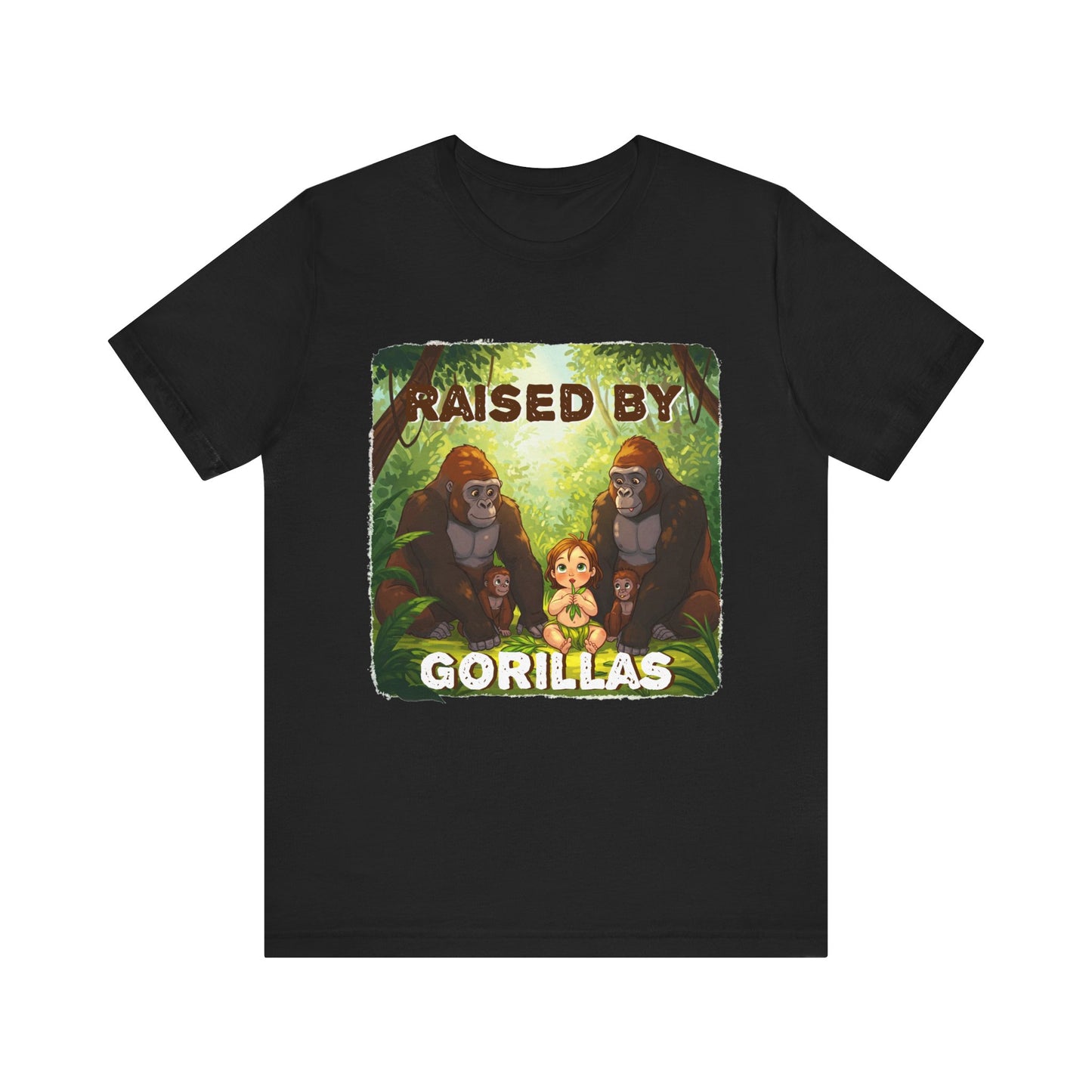 Funny Gorilla Graphic Tee - 'Raised by Gorillas' Unisex Jersey Shirt (Female character version) - Schmartypants