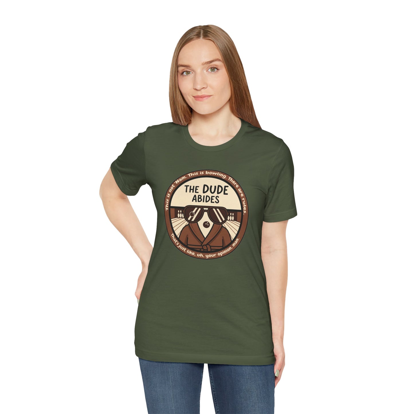 The Dude Abides Tee, Unisex T-Shirt for Movie Lovers, Gift for The Big Lebowski Fans, Casual Wear, Retro Vibe Bowling Tee