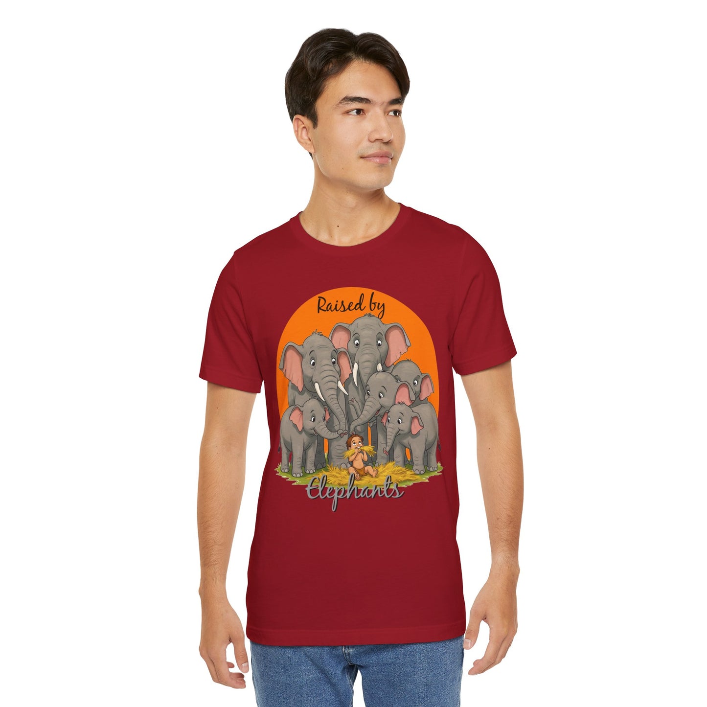 Elephant Lovers Tee - Funny 'Raised by Elephants' Unisex Jersey Short Sleeve Shirt - Wildlife and Nature Lovers Shirt (Male Character Version) - Schmartypants
