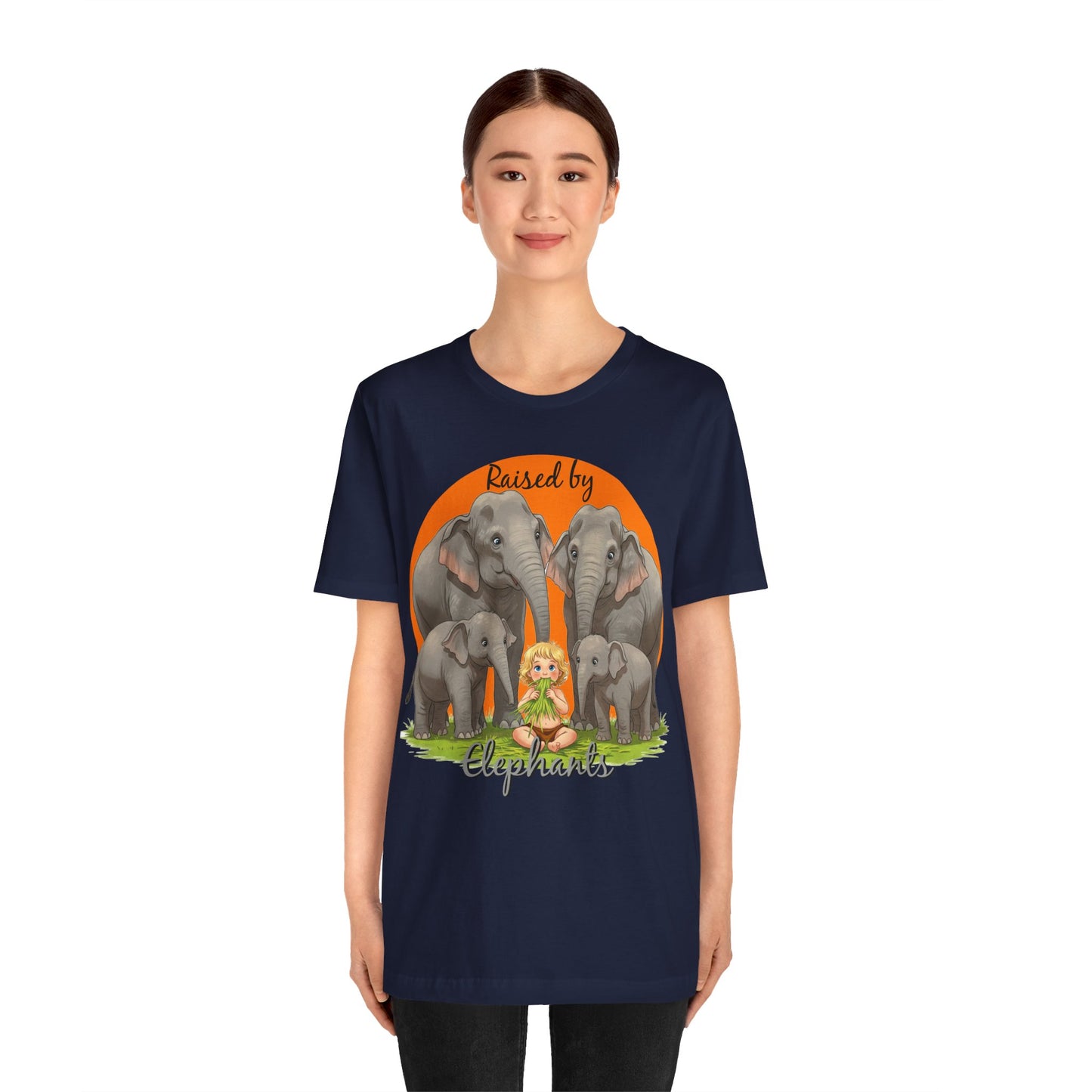Funny Raised by Elephants Unisex Short Sleeve Tee - Perfect for Animal Lovers, Wildlife Fans (Women's Character version) - Schmartypants