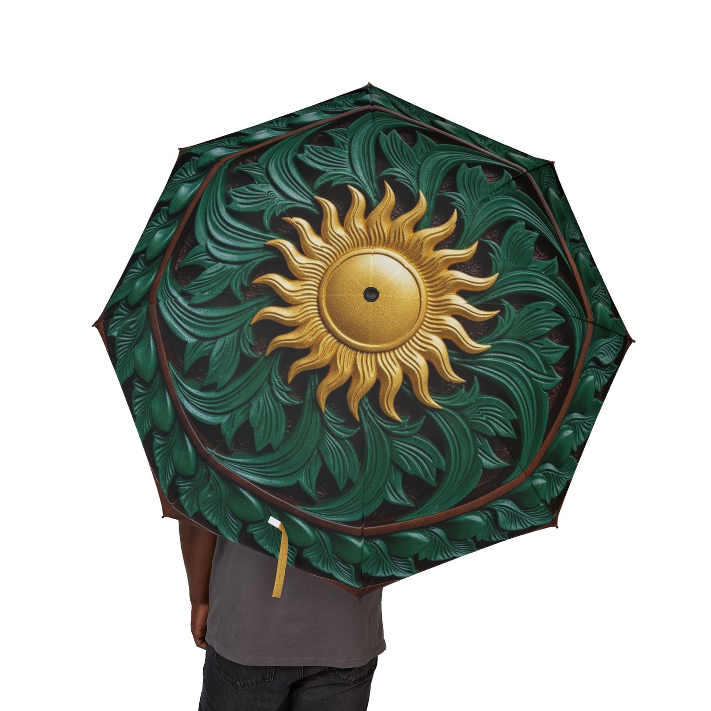 Foldable Umbrella, Ornate Sun Design, Rainy Day Fashion Accessory, Stylish Gift, Leafy Green World