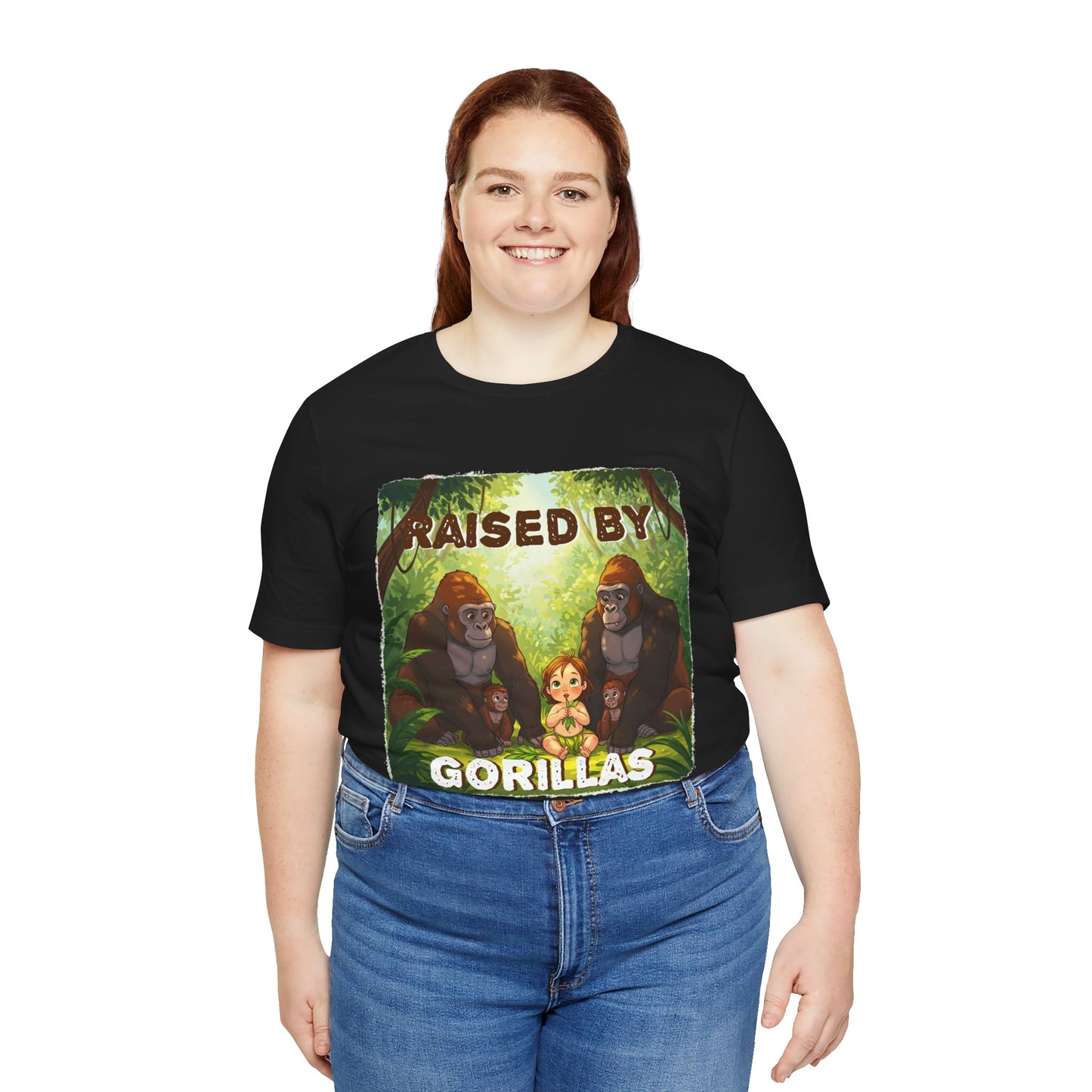 Funny Gorilla Graphic Tee - 'Raised by Gorillas' Unisex Jersey Shirt (Female character version) - Schmartypants