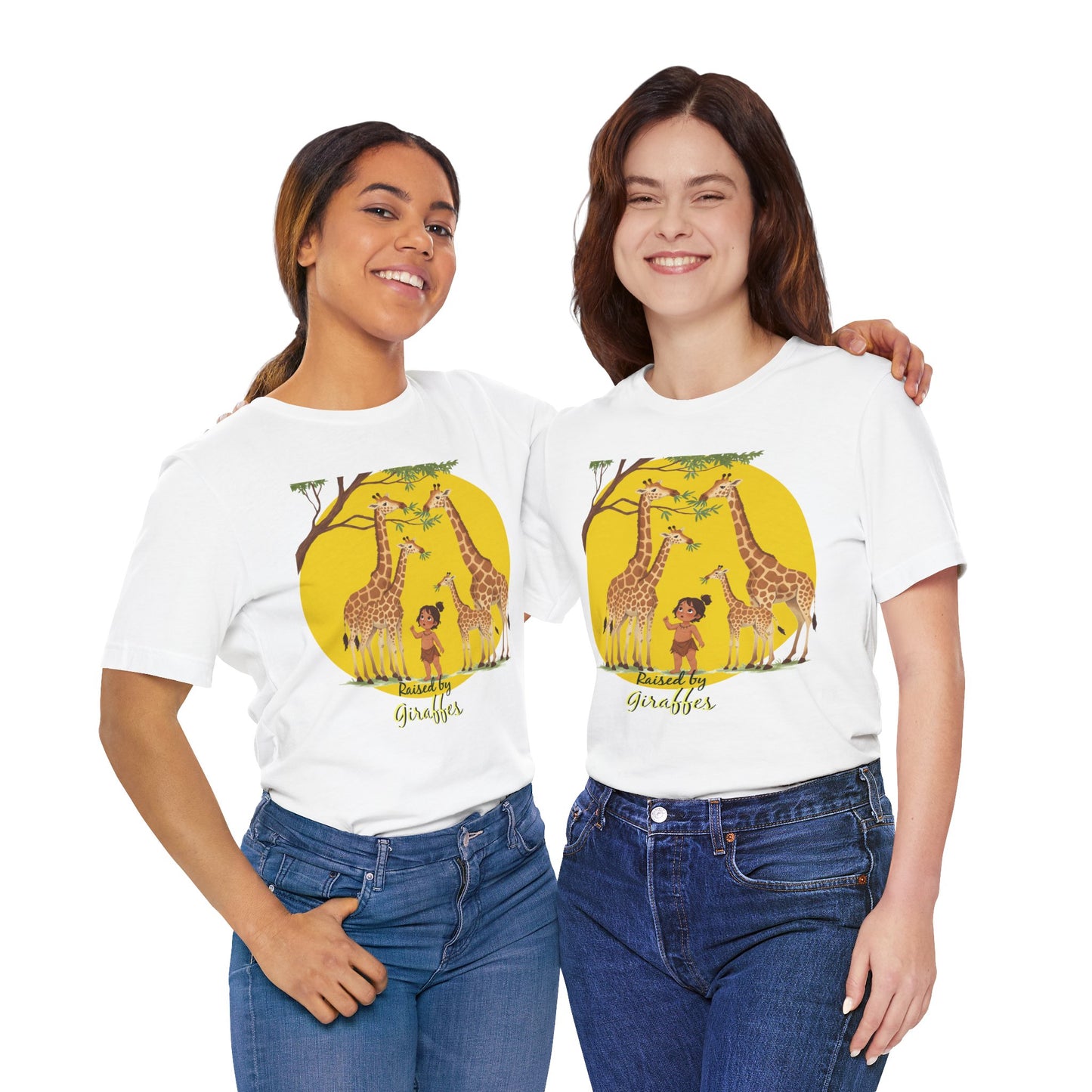 Raised by Giraffes Unisex T-Shirt - Funny Animal Lover Tee - Giraffe Lovers, Wildlife Enthusiasts (Female Character) - Schmartypants