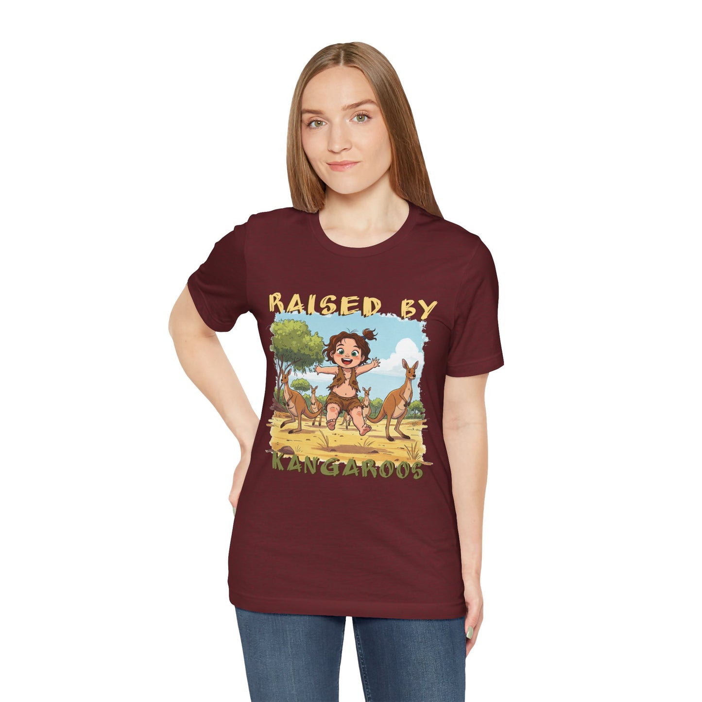 Cute, Funny Kangaroo Vibe Unisex Tee - "Raised by Kangaroos" (female character) - Australian Theme - Schmartypants