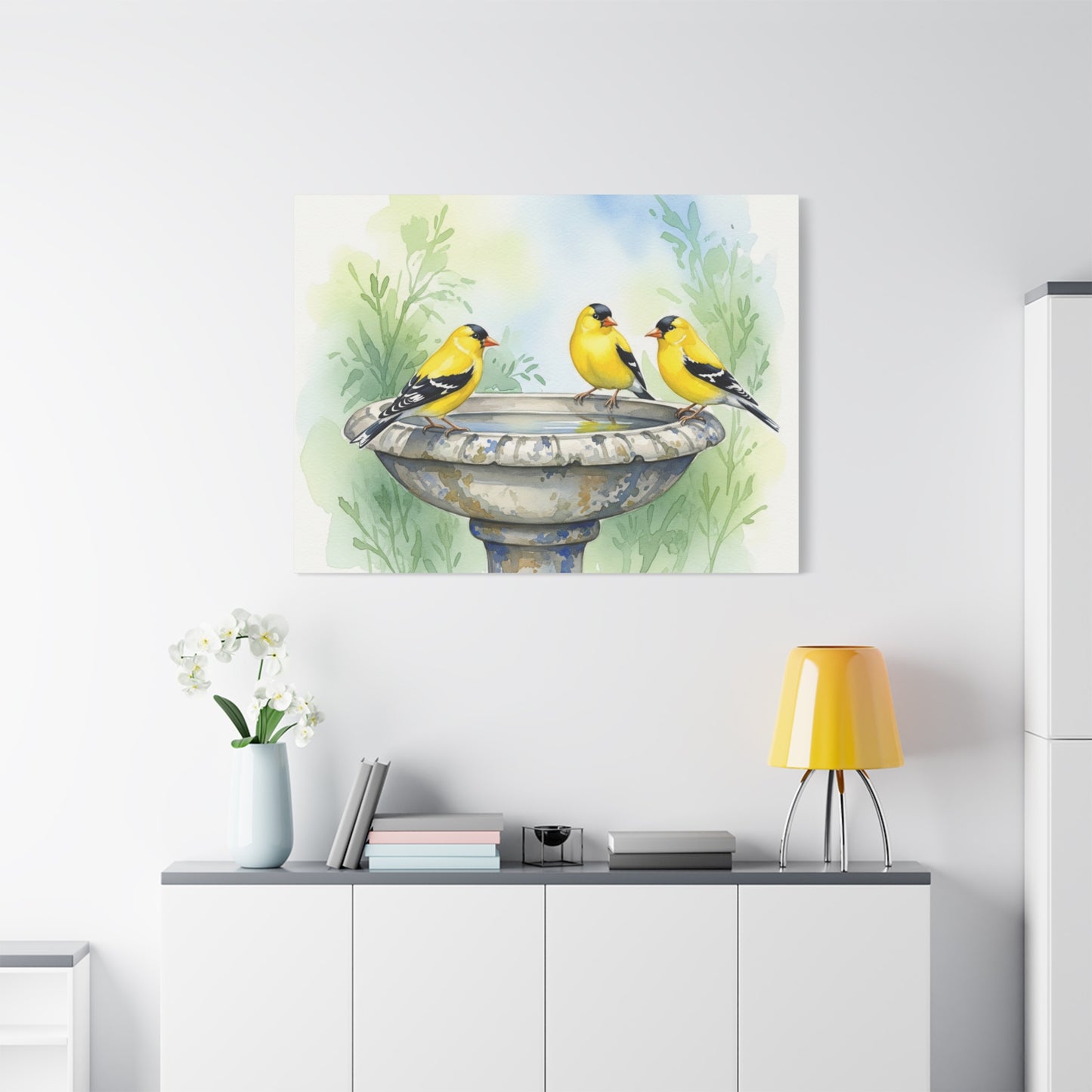 Goldfinches on Fountain Canvas Art, Nature Wall Decor, Yellow Finch Print, Home Decor, Gift for Bird Lovers, Spring Decoration