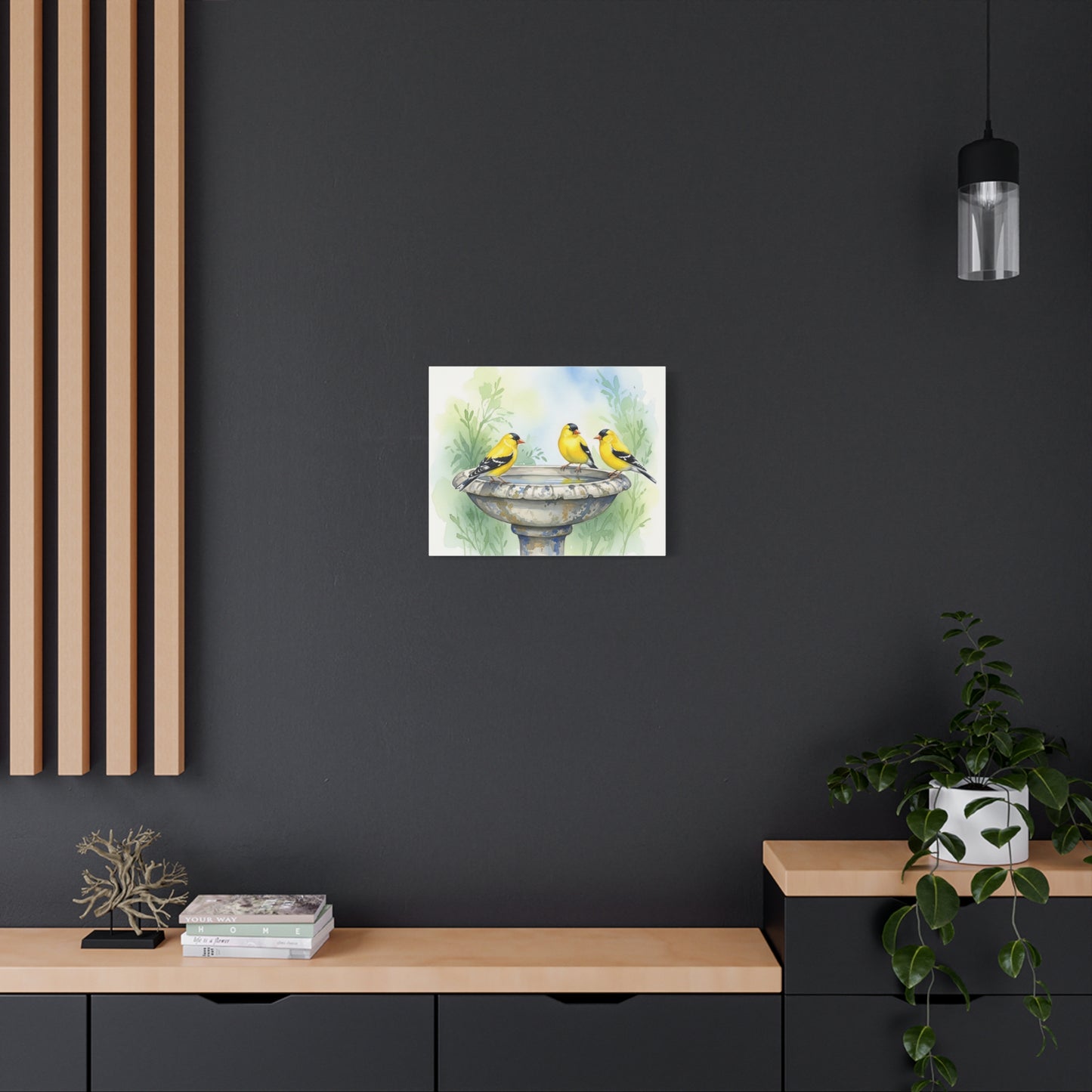 Goldfinches on Fountain Canvas Art, Nature Wall Decor, Yellow Finch Print, Home Decor, Gift for Bird Lovers, Spring Decoration