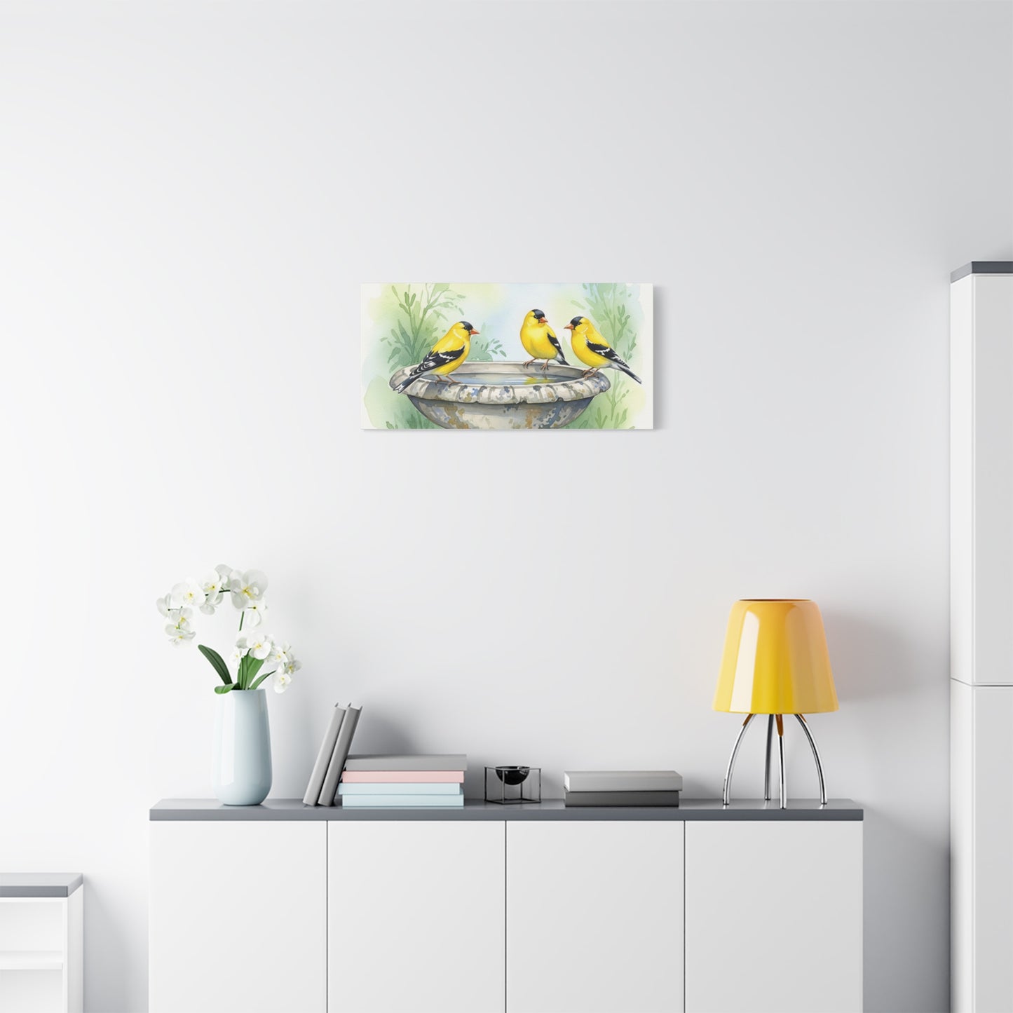 Goldfinches on Fountain Canvas Art, Nature Wall Decor, Yellow Finch Print, Home Decor, Gift for Bird Lovers, Spring Decoration