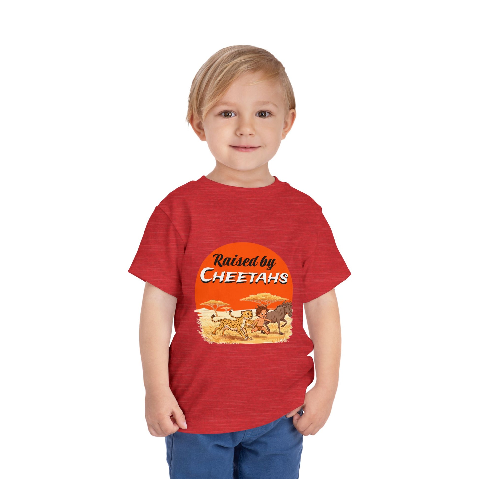 Toddler Boys Short Sleeve Tee with 'Raised by Cheetahs' Design | Funny Kids T-Shirt, Animal Lover Gift, Summer Outfit, Safari Theme - Schmartypants