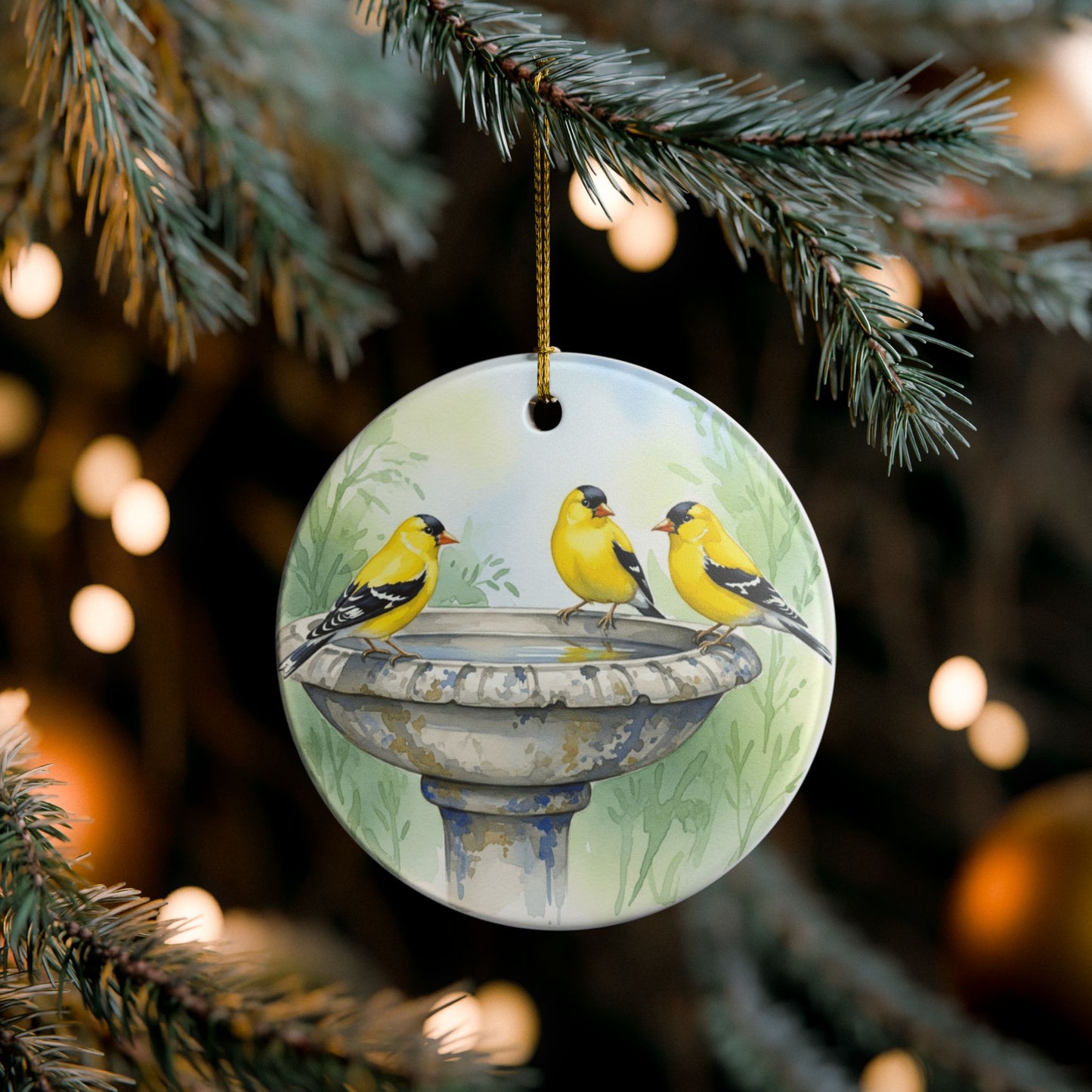 Beautiful Bird Bath Ceramic Ornament, Nature Decor, Gift for Bird Lovers, Goldfinches, Birdwatching, Holiday Decor, Home Decoration