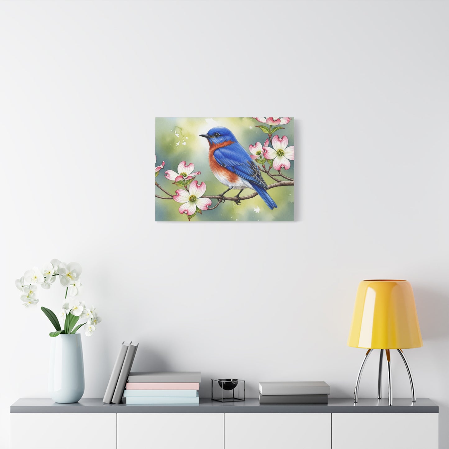 Bluebird and Dogwood Canvas Art Print, Nature Wall Decor, Home Interior Design, Gift for Bird Lovers, Spring Decoration