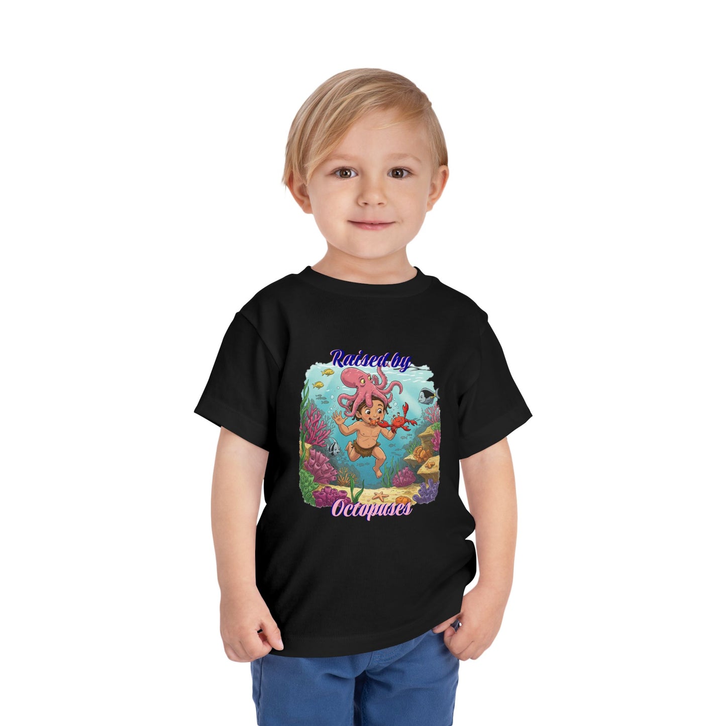 Funny Toddler Tee - "Raised by Octopuses" Cute Short Sleeve Shirt for Kids, Beach Day, Birthday Gift, Fun Summer Wear