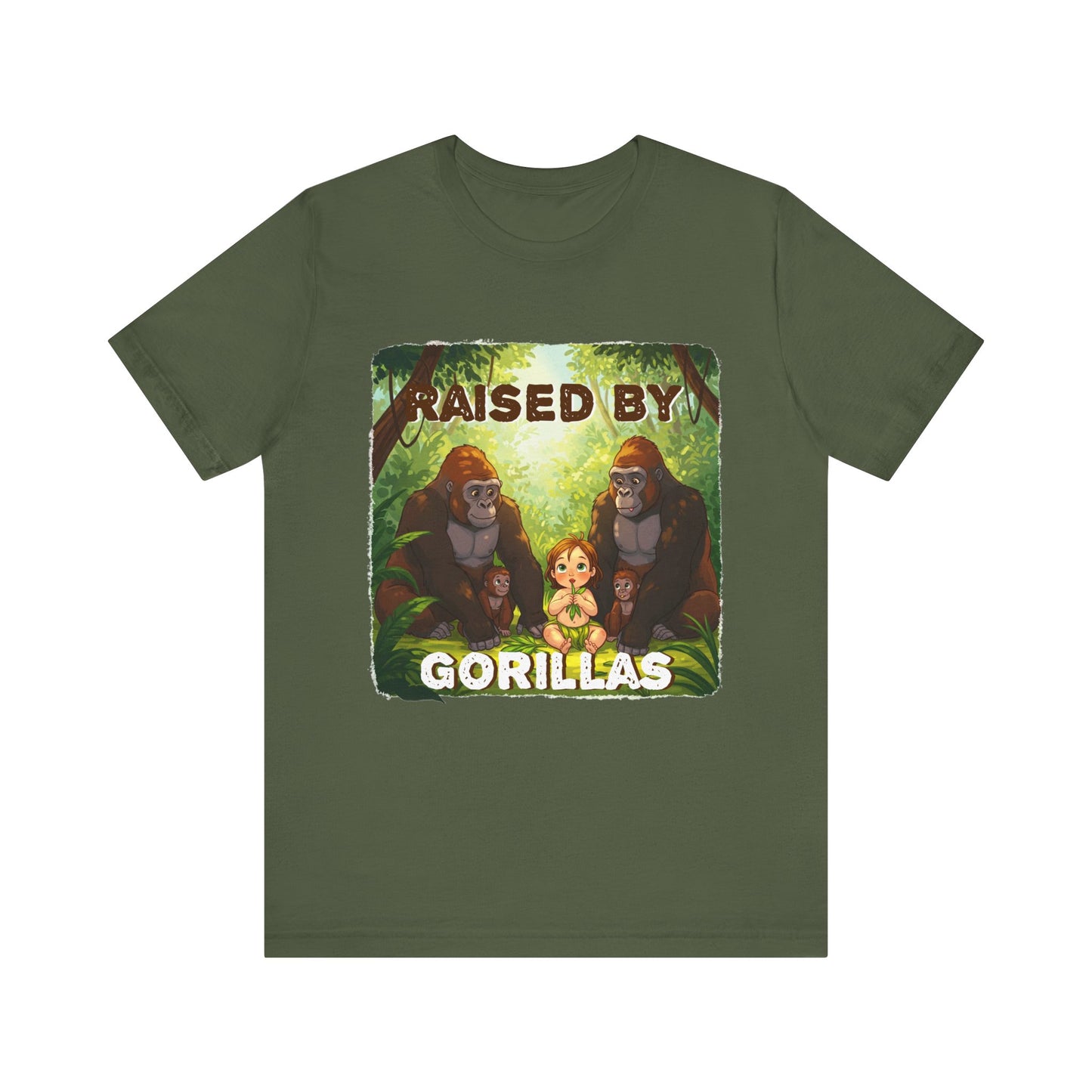 Funny Gorilla Graphic Tee - 'Raised by Gorillas' Unisex Jersey Shirt (Female character version) - Schmartypants