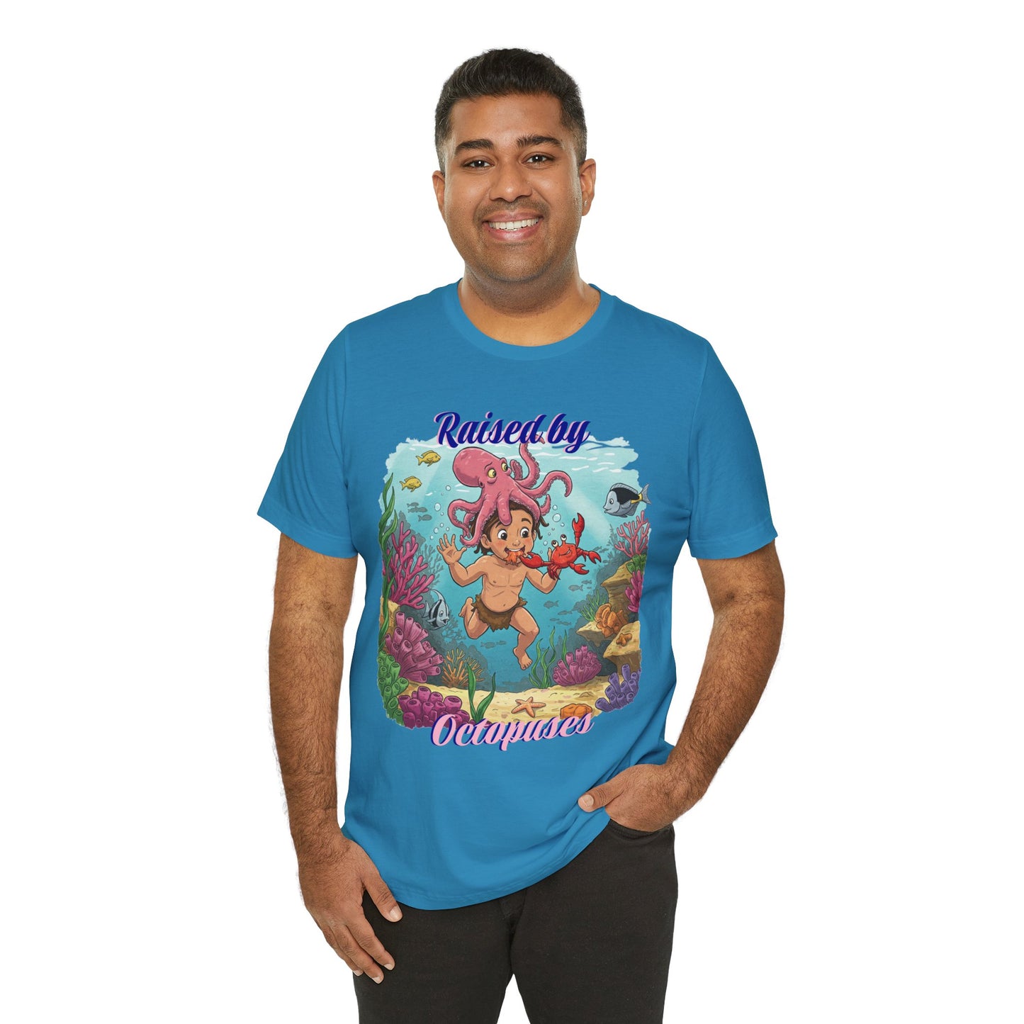 Ocean-Inspired Unisex Tee - Funny "Raised by Octopus", Fun Gift for Marine Lovers, Summer Beachwear, Cute Animal T-Shirt