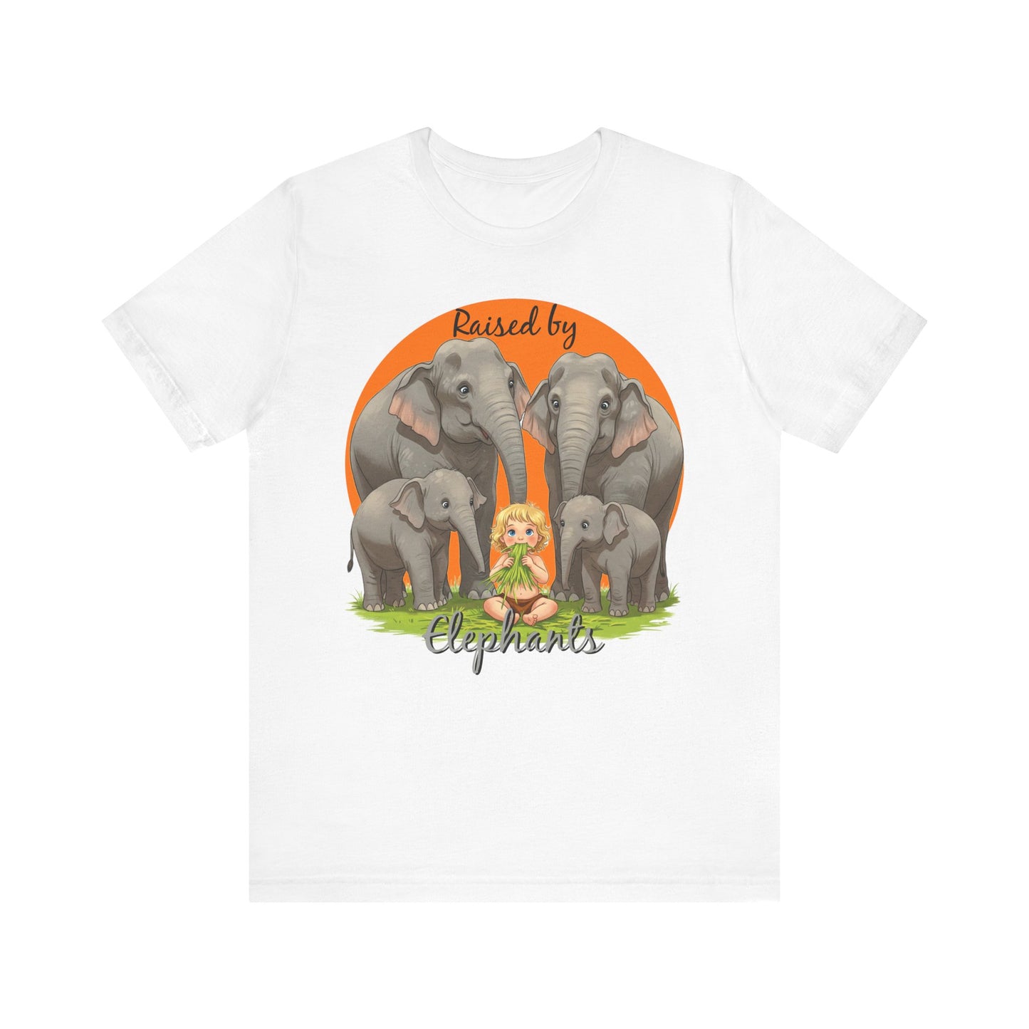 Funny Raised by Elephants Unisex Short Sleeve Tee - Perfect for Animal Lovers, Wildlife Fans (Women's Character version) - Schmartypants