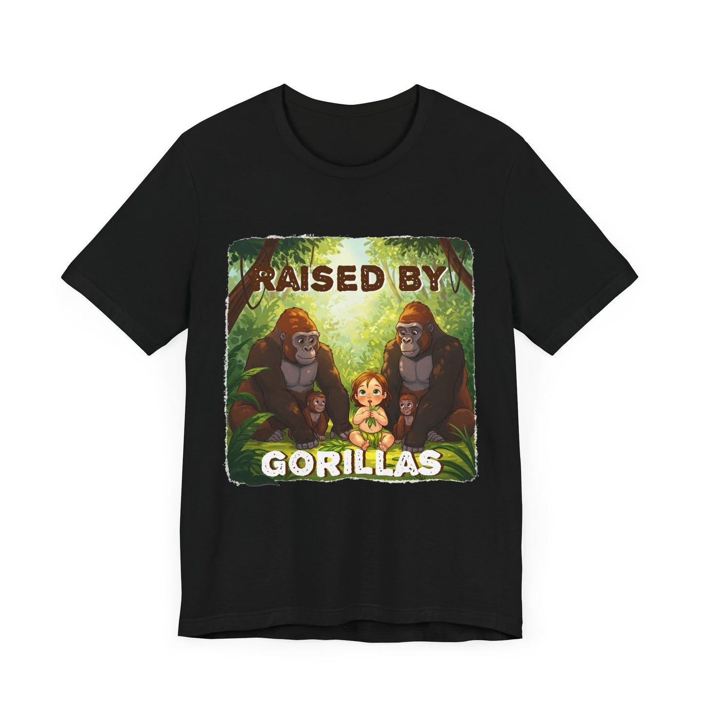 Funny Gorilla Graphic Tee - 'Raised by Gorillas' Unisex Jersey Shirt (Female character version) - Schmartypants