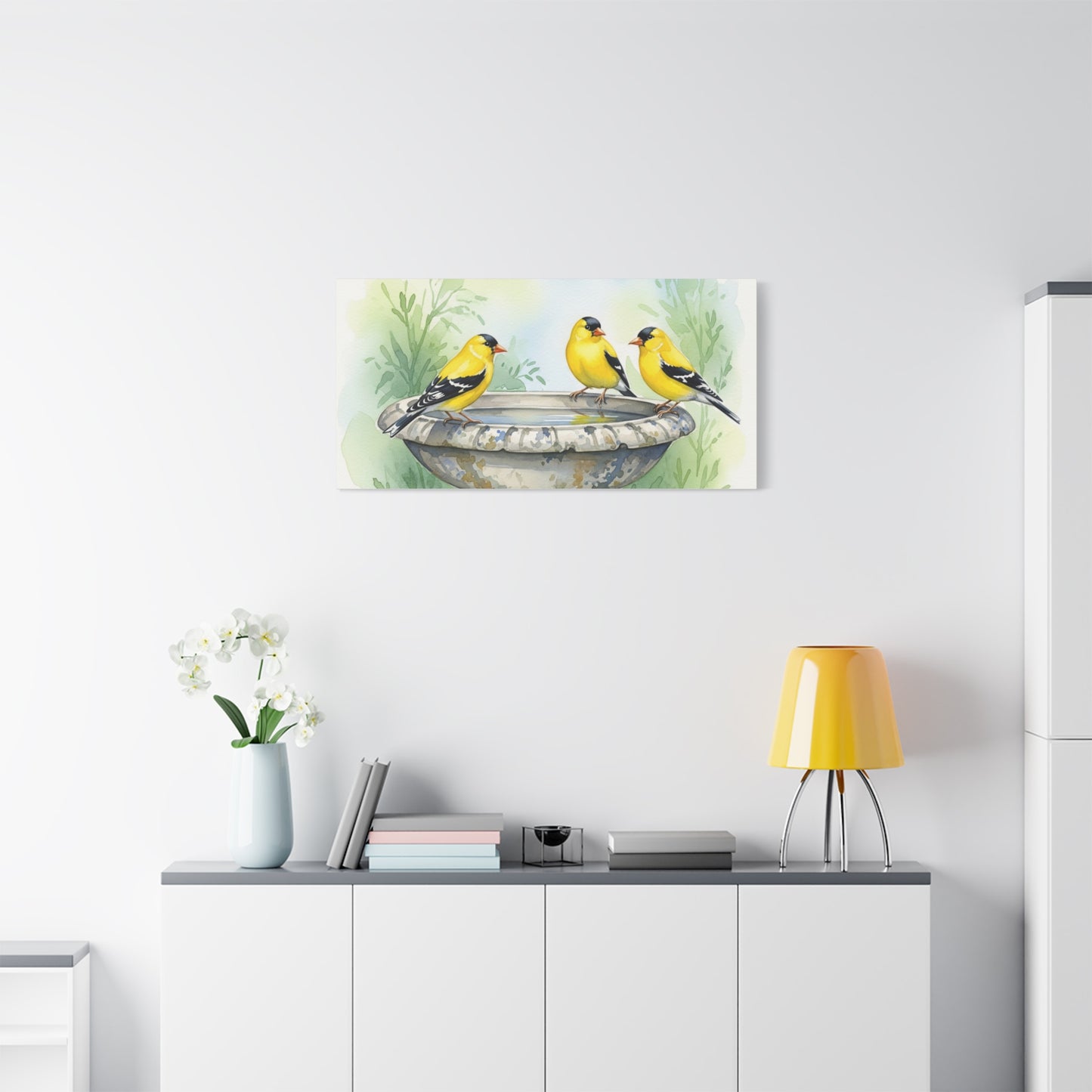 Goldfinches on Fountain Canvas Art, Nature Wall Decor, Yellow Finch Print, Home Decor, Gift for Bird Lovers, Spring Decoration