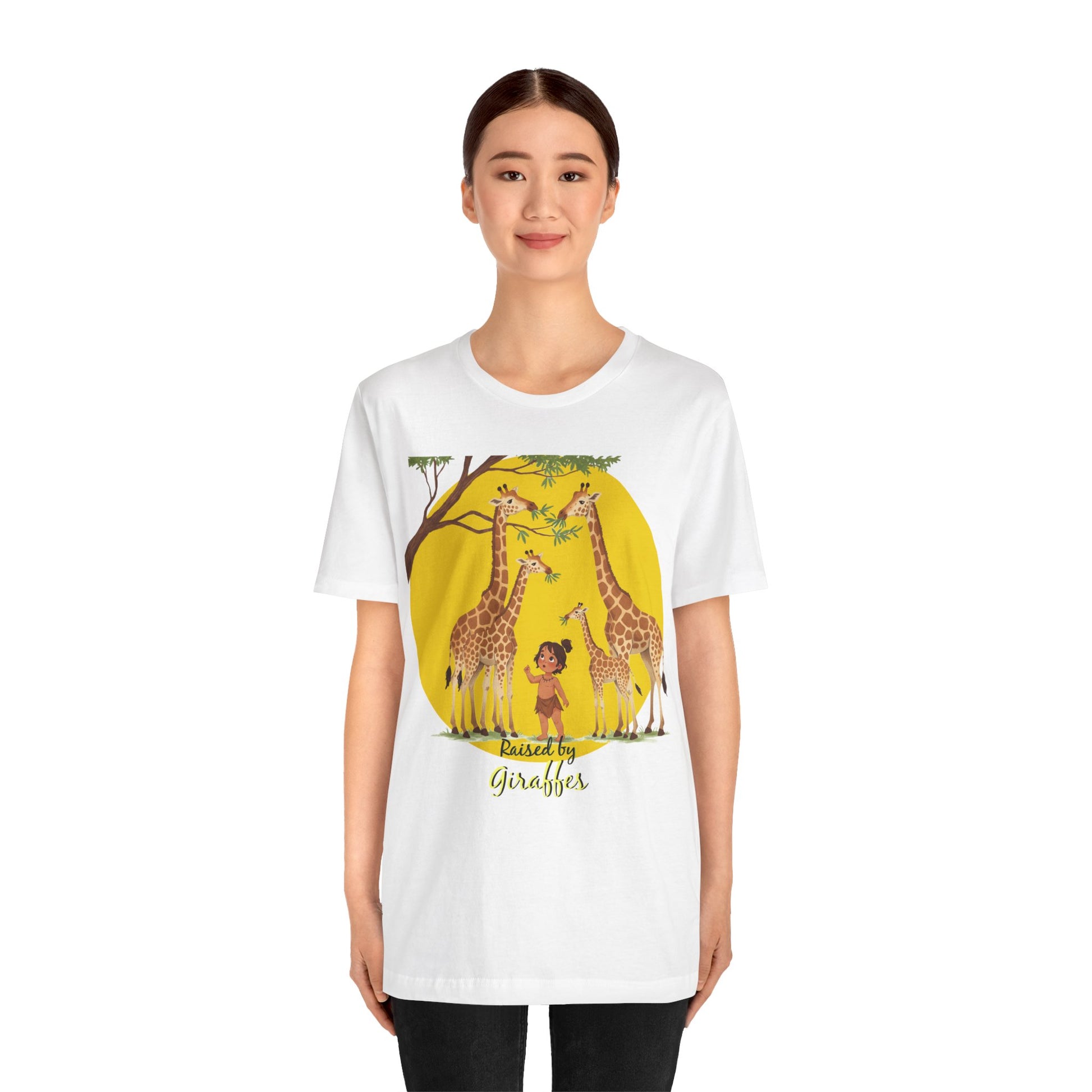 Raised by Giraffes Unisex T-Shirt - Funny Animal Lover Tee - Giraffe Lovers, Wildlife Enthusiasts (Female Character) - Schmartypants